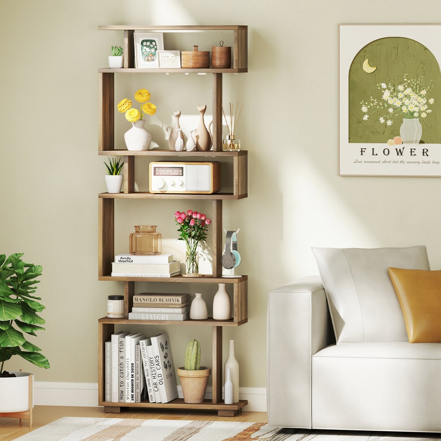 6-Tier Bookcase with Anti-Tipping Kit-Walnut Kids Crystal