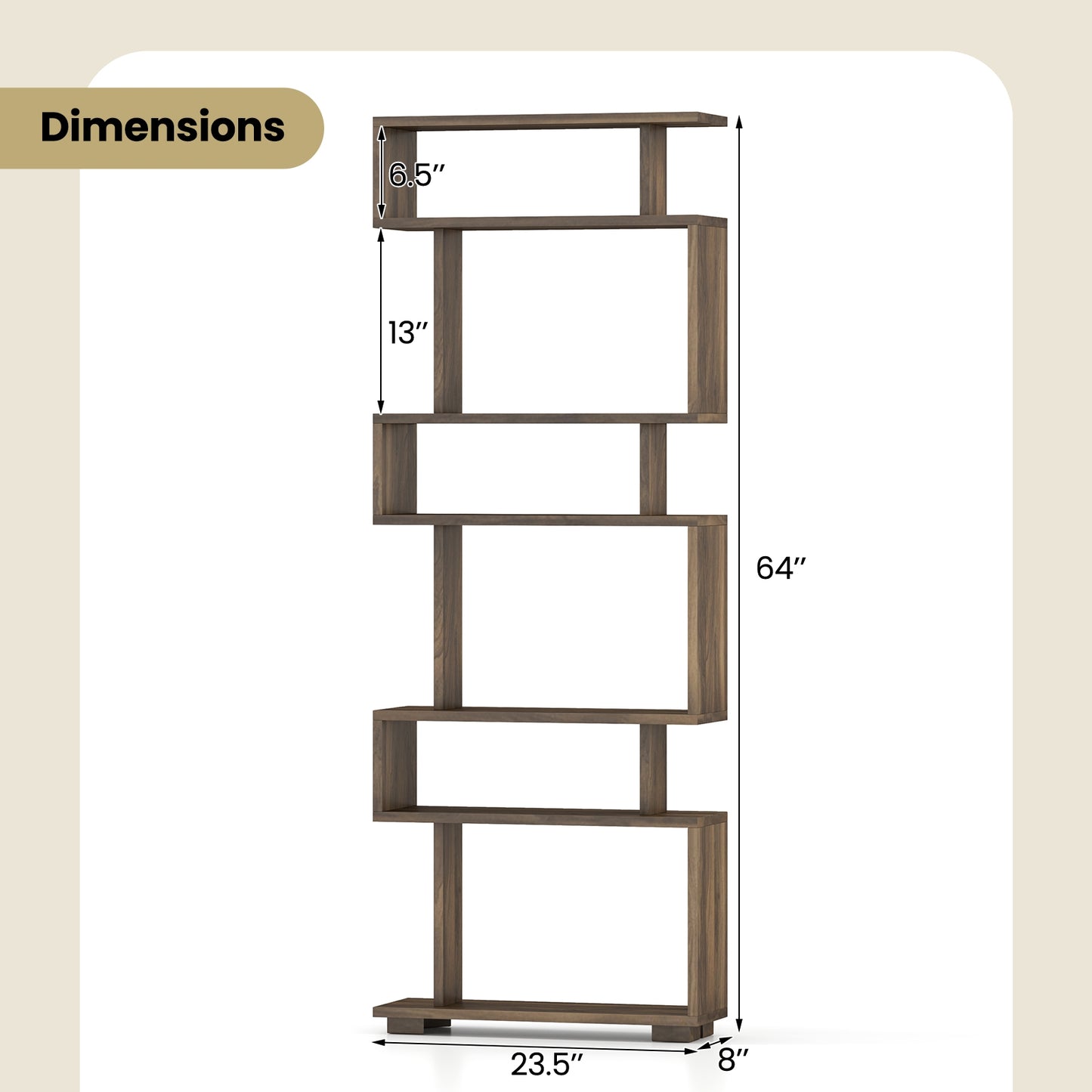 6-Tier Bookcase with Anti-Tipping Kit-Walnut Kids Crystal