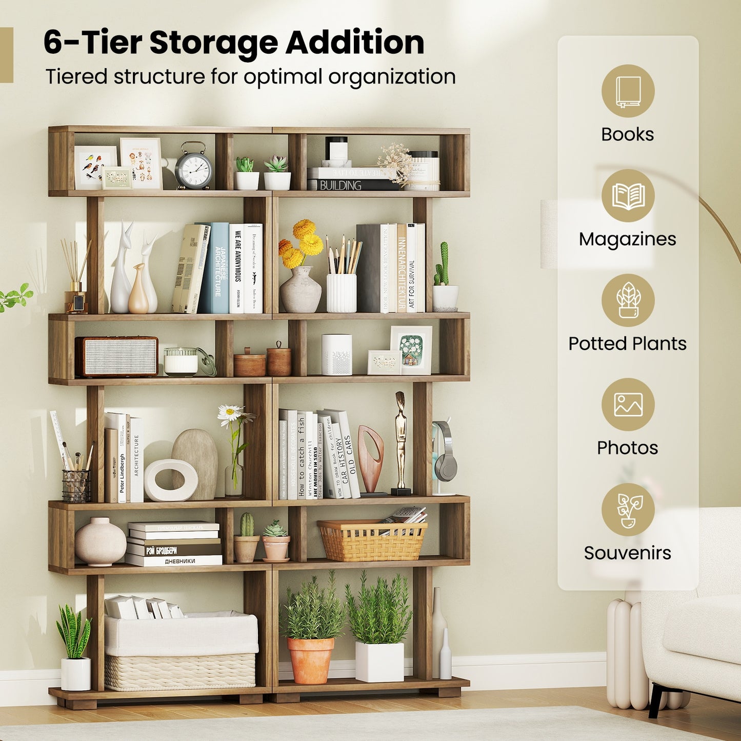 6-Tier Bookcase with Anti-Tipping Kit-Walnut Kids Crystal