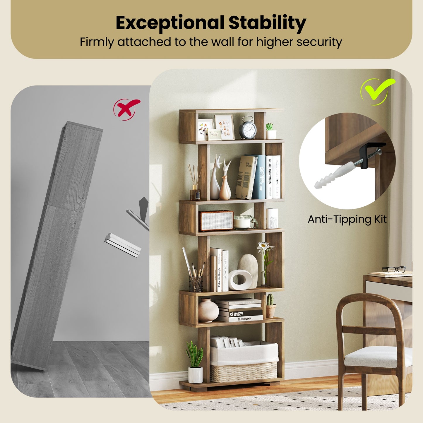 6-Tier Bookcase with Anti-Tipping Kit-Walnut Kids Crystal