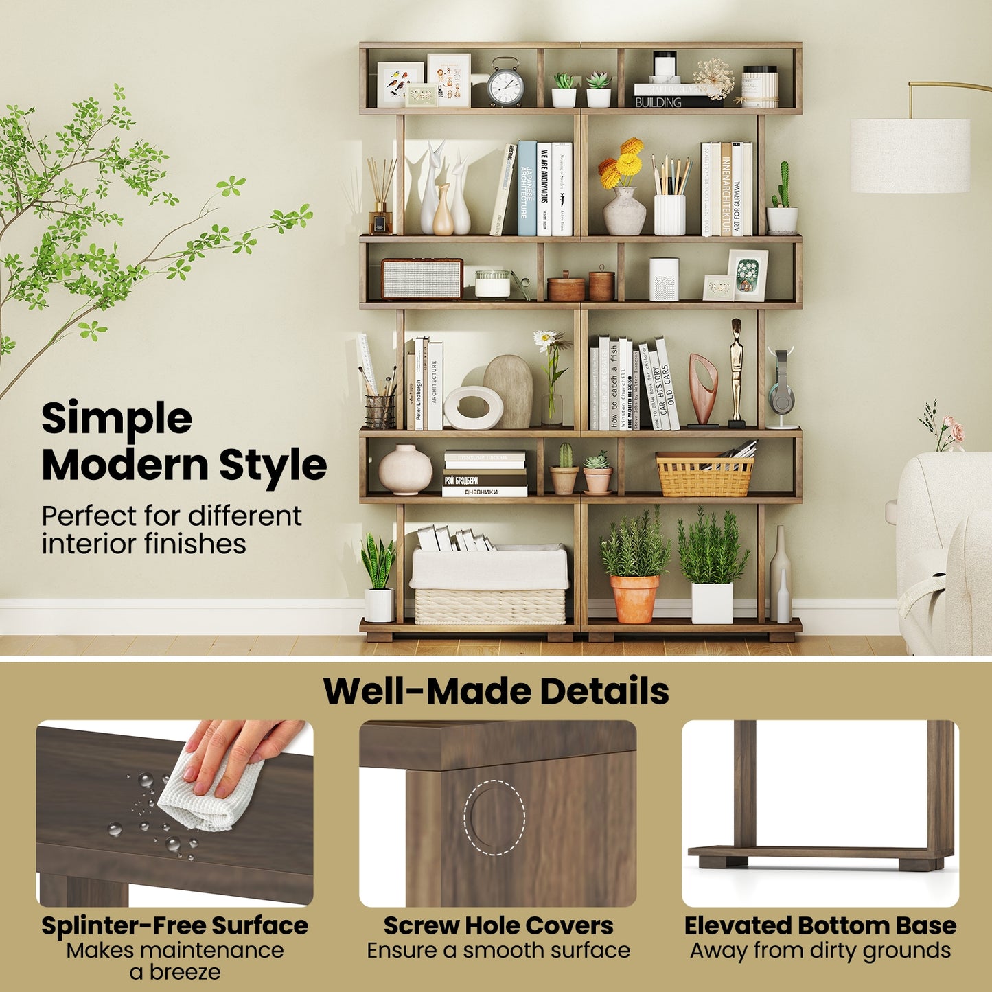 6-Tier Bookcase with Anti-Tipping Kit-Walnut Kids Crystal