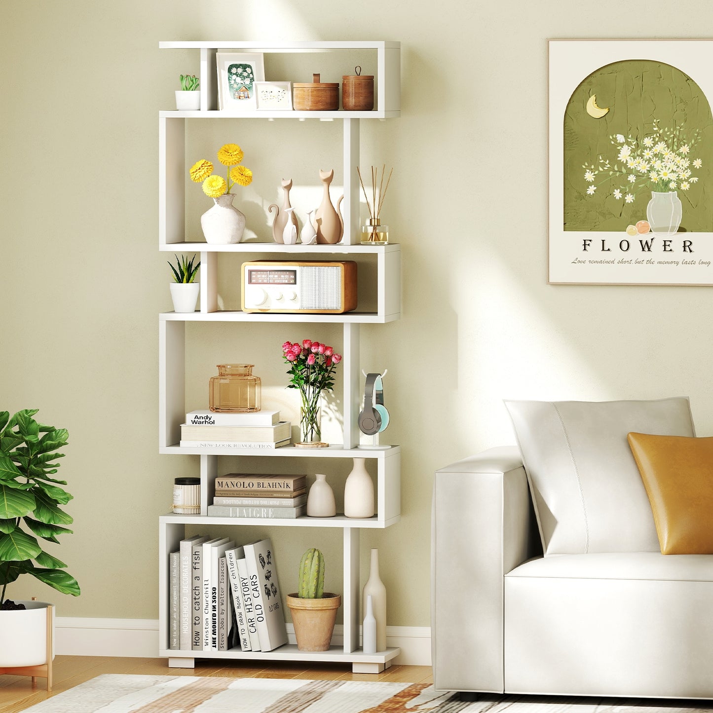6-Tier Bookcase with Anti-Tipping Kit-White Kids Crystal