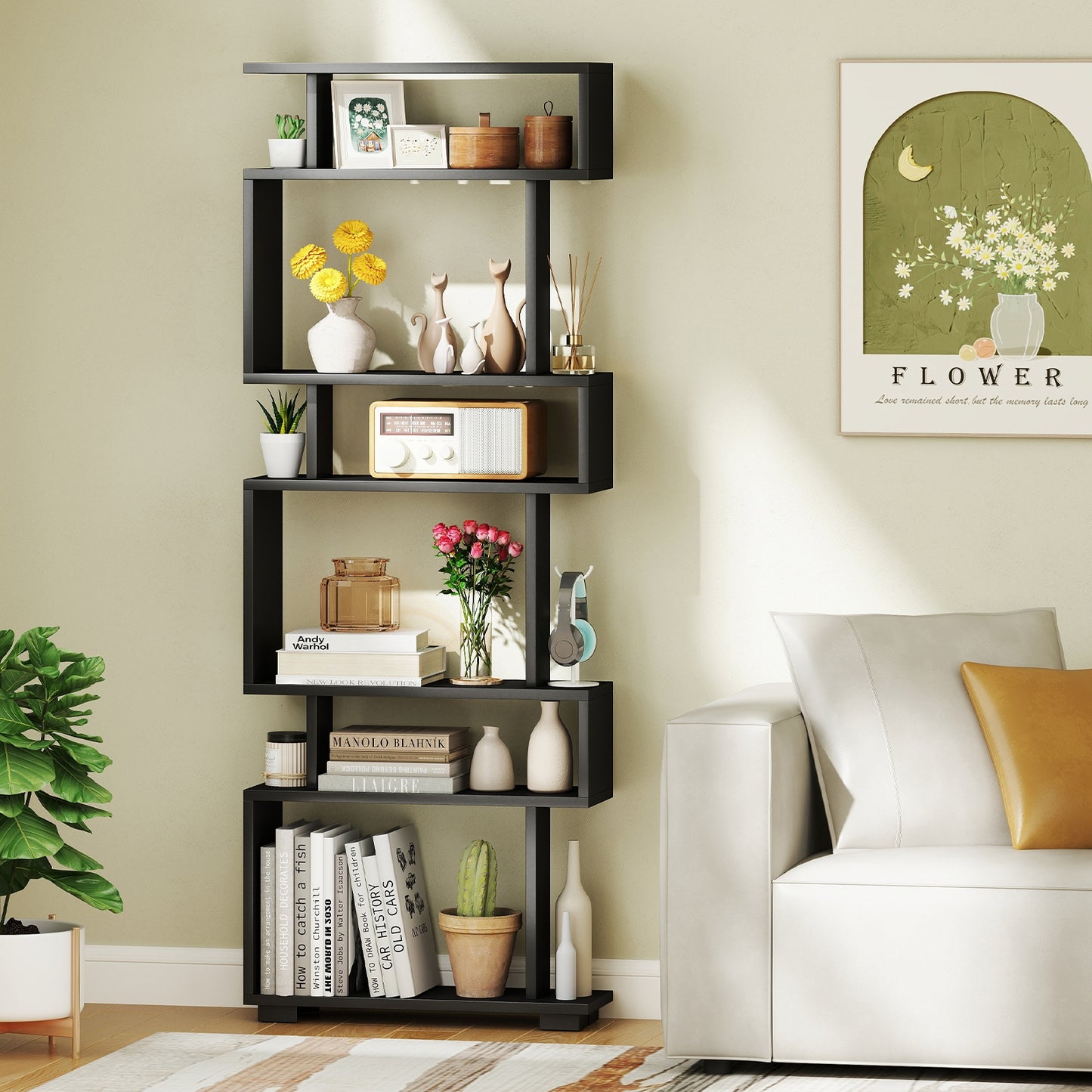 6-Tier Bookcase with Anti-Tipping Kit-Black Kids Crystal