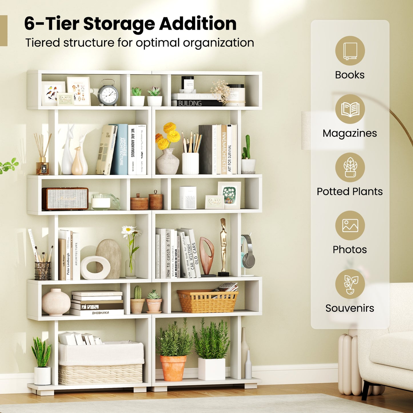 6-Tier Bookcase with Anti-Tipping Kit-White Kids Crystal