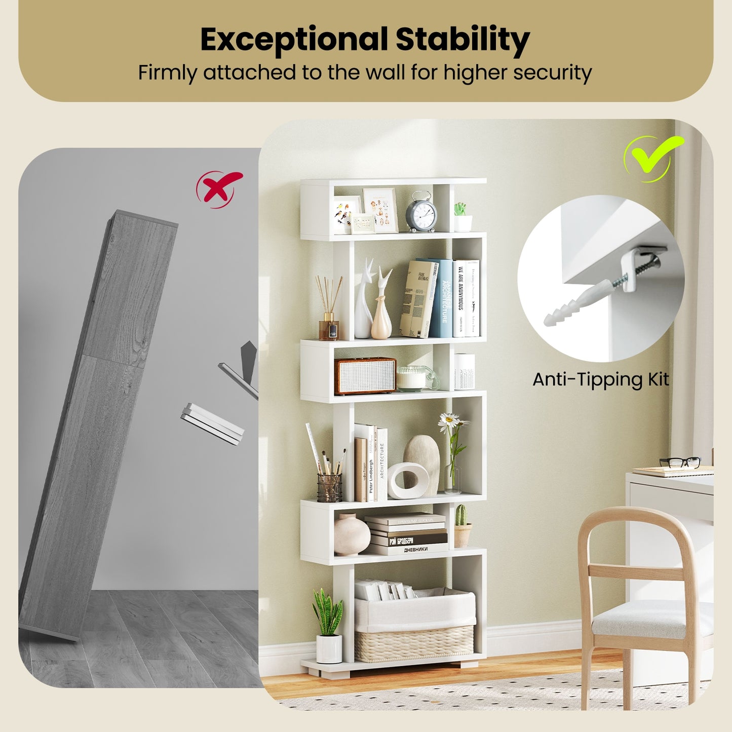 6-Tier Bookcase with Anti-Tipping Kit-White Kids Crystal