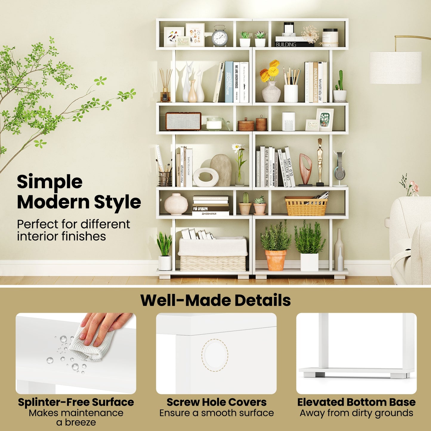 6-Tier Bookcase with Anti-Tipping Kit-White Kids Crystal