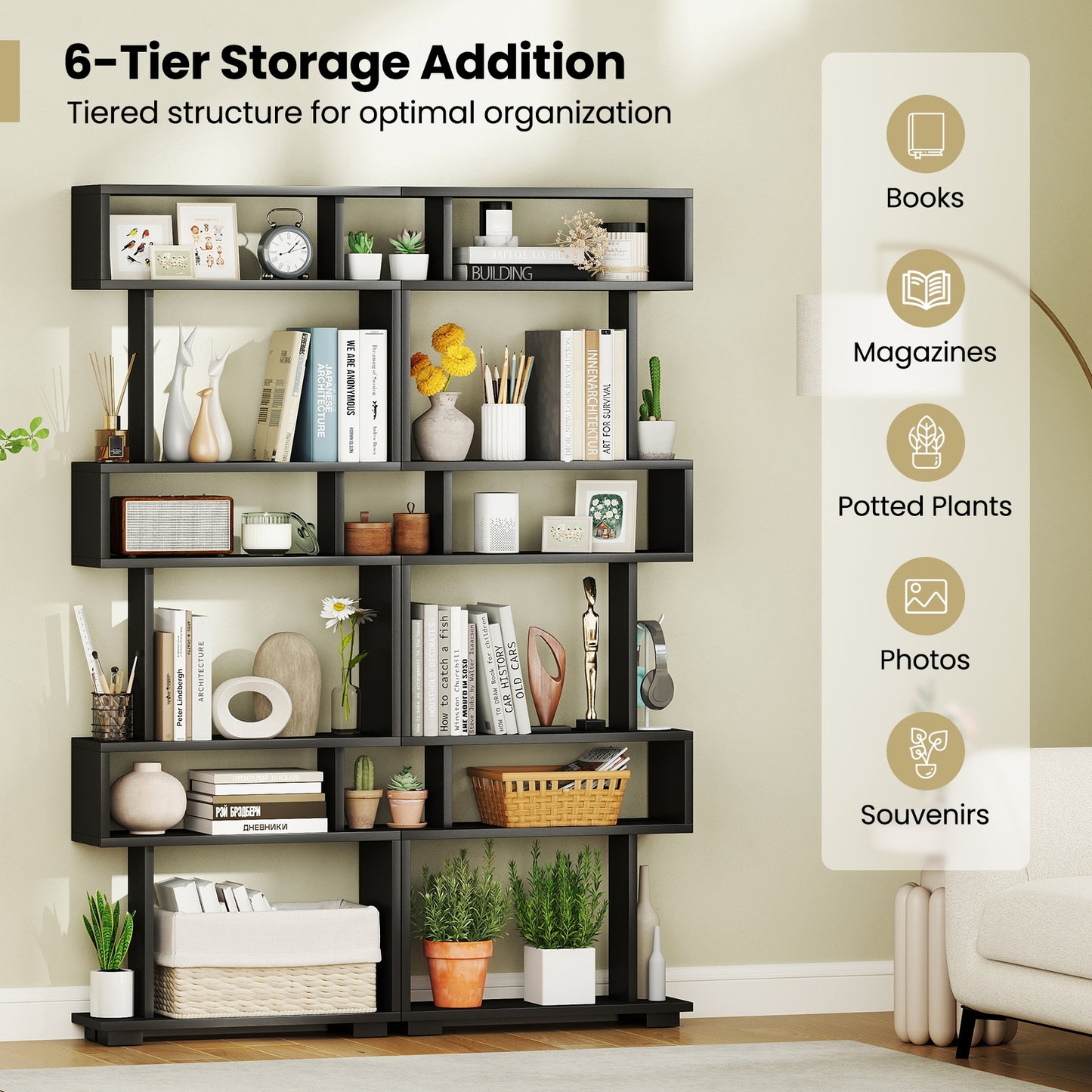 6-Tier Bookcase with Anti-Tipping Kit-Black Kids Crystal