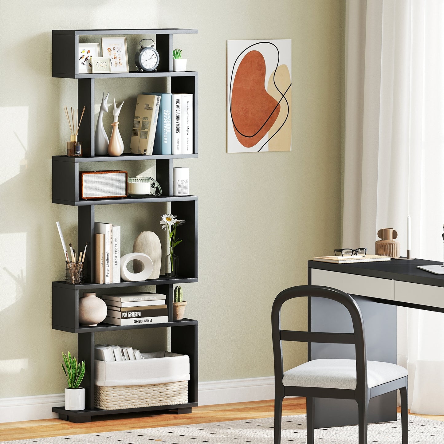 6-Tier Bookcase with Anti-Tipping Kit-Black Kids Crystal