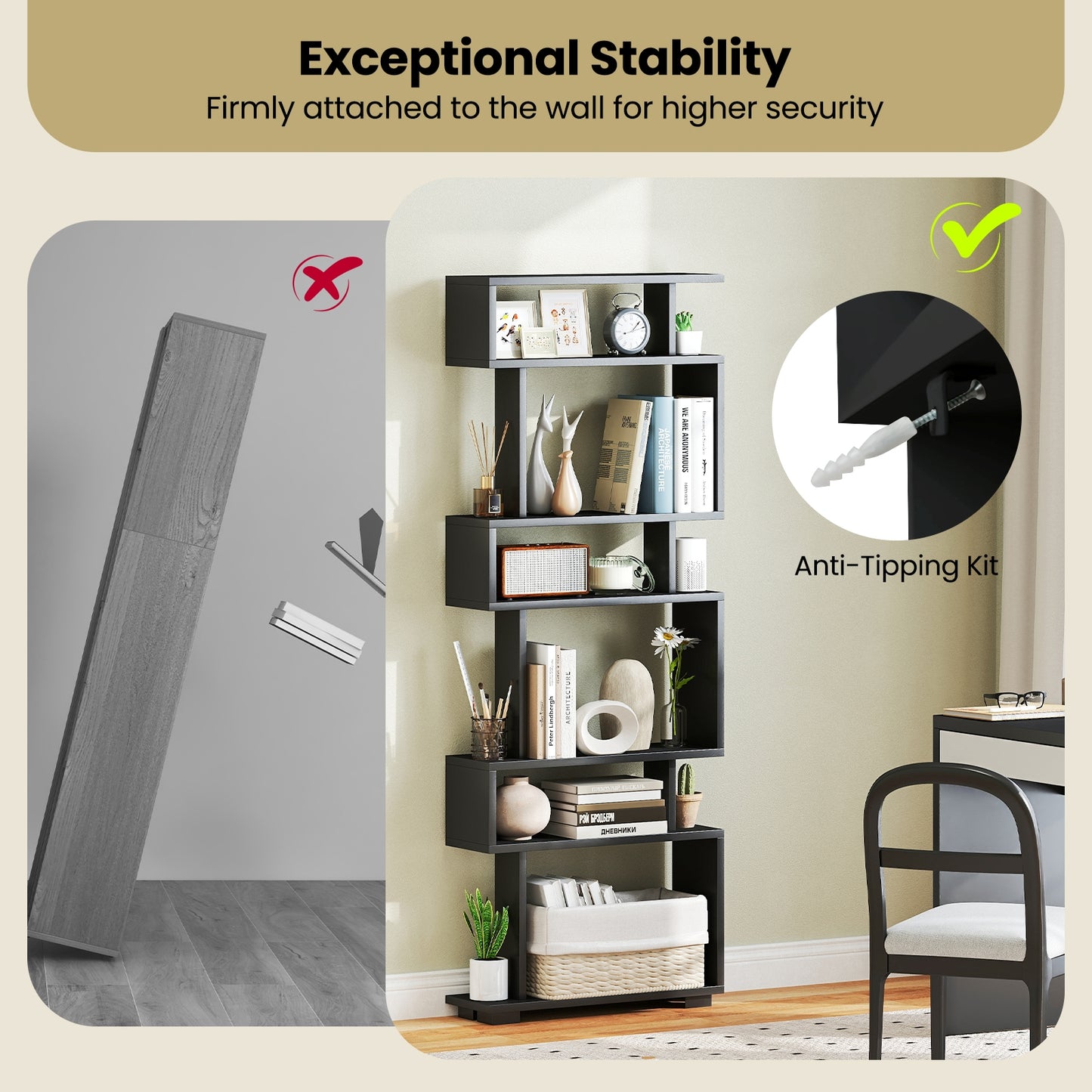 6-Tier Bookcase with Anti-Tipping Kit-Black Kids Crystal