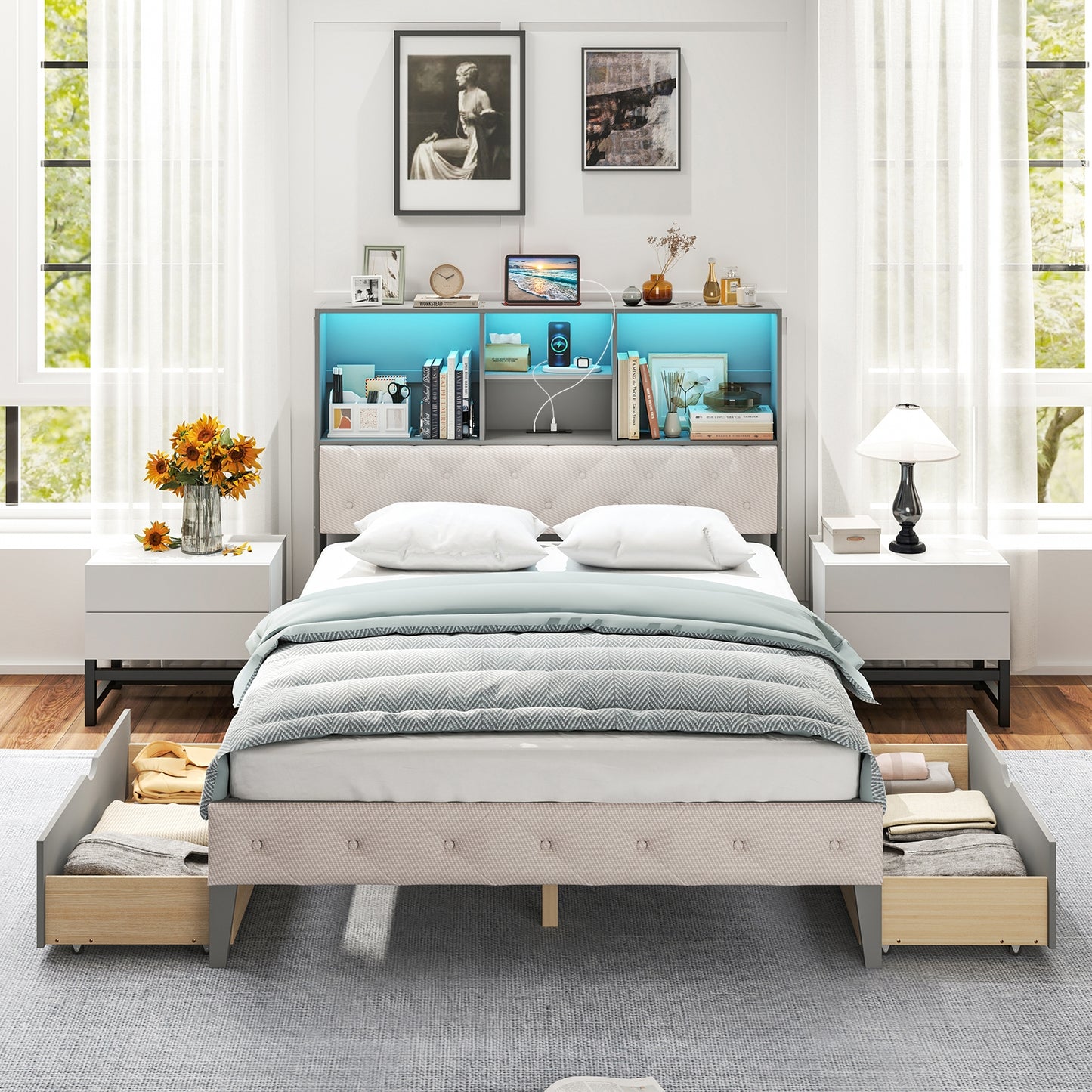 Full Size Bed Frame with Bookcase Headboard and LED Lights-Gray Kids Crystal