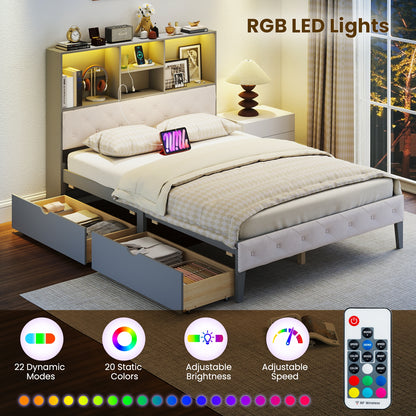 Full Size Bed Frame with Bookcase Headboard and LED Lights-Gray
