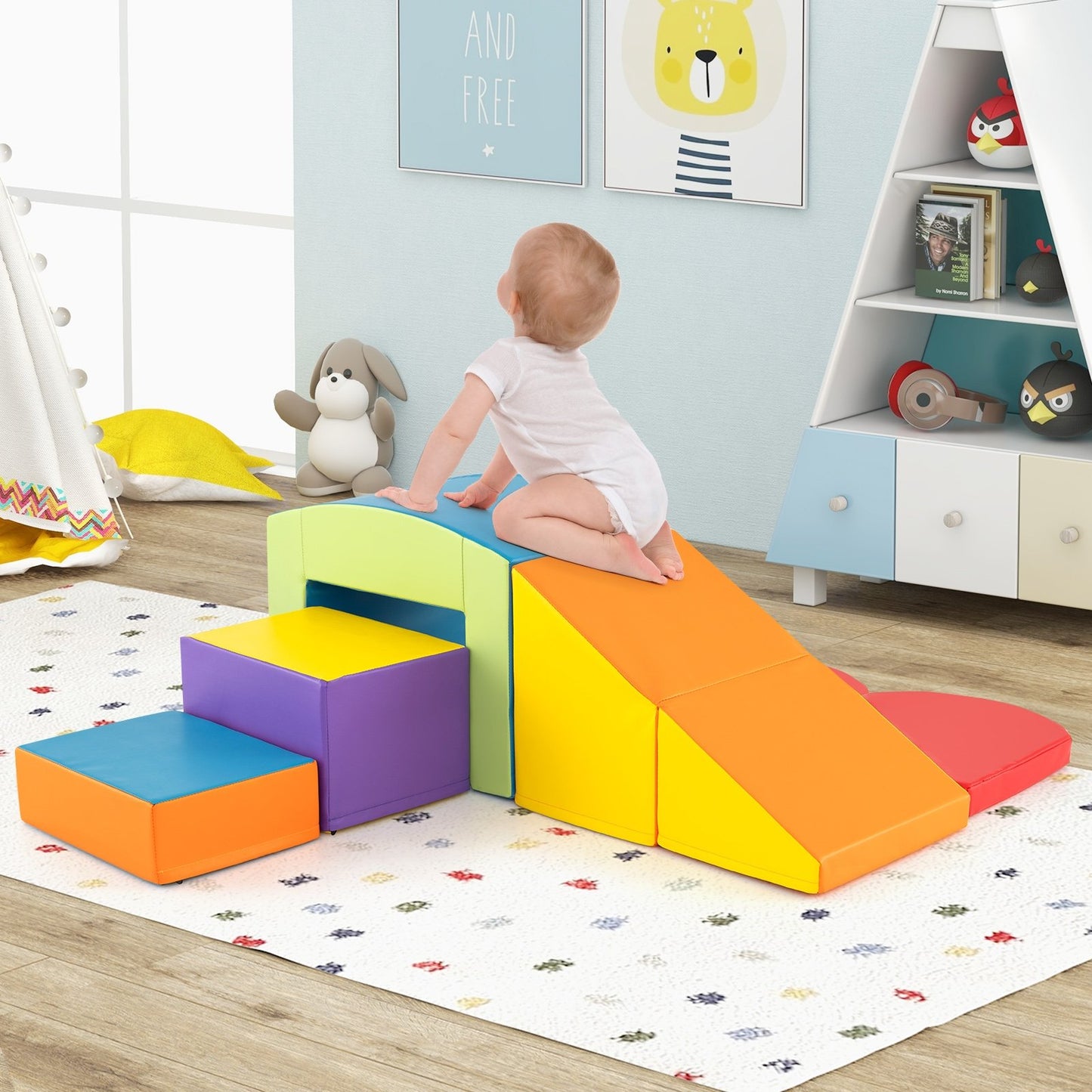 6 Pieces Foam Climbing Blocks Soft Play Climbing for Toddlers with Tunnel-Multicolor Kids Crystal