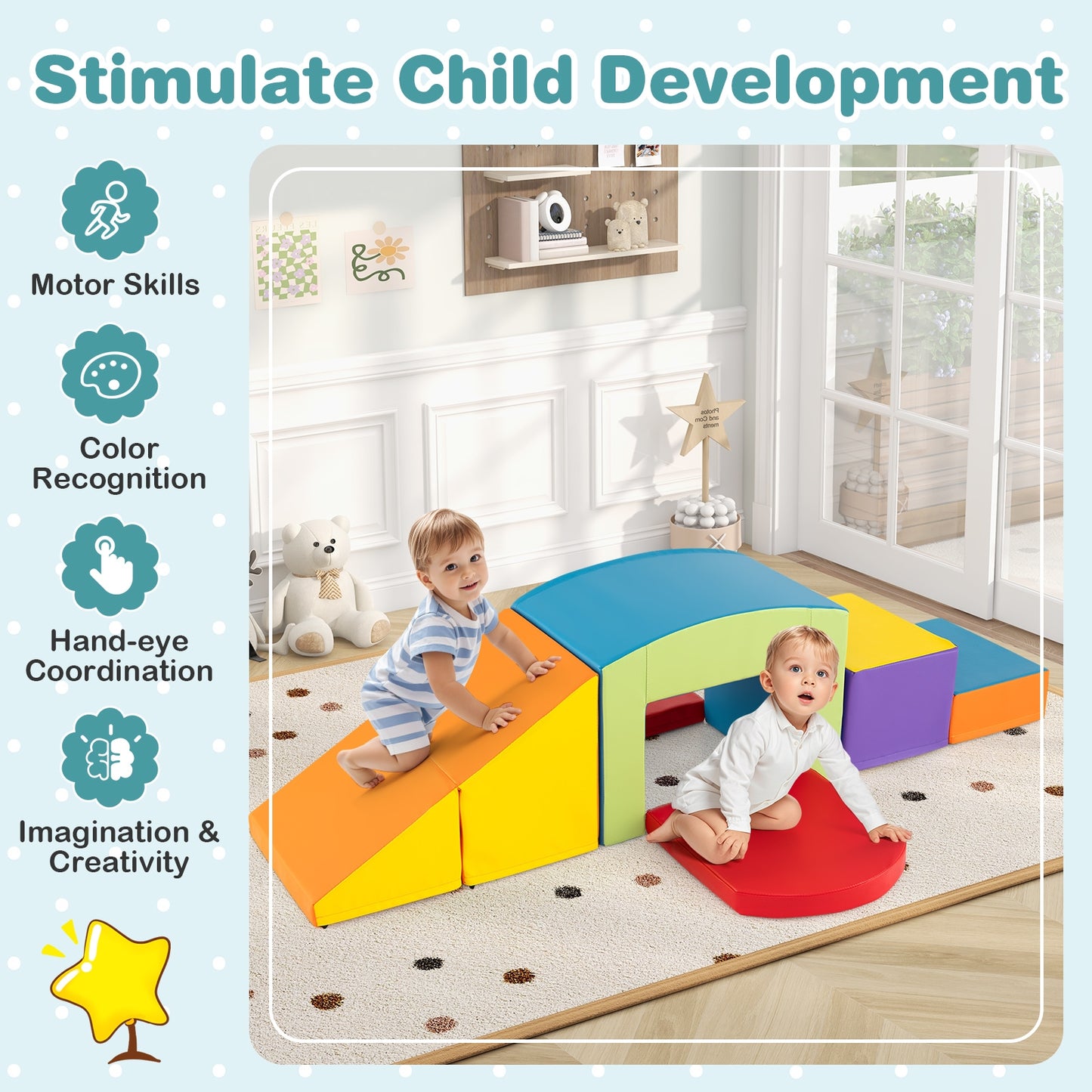 6 Pieces Foam Climbing Blocks Soft Play Climbing for Toddlers with Tunnel-Multicolor Kids Crystal
