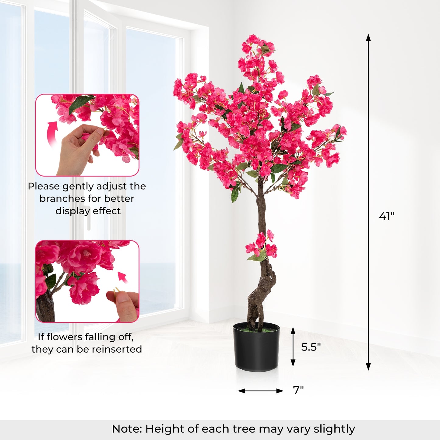 2 Pack 41 Inch Artificial Plum Blossom Tree Fake Floral Plant with 92 Flowers-Red Kids Crystal