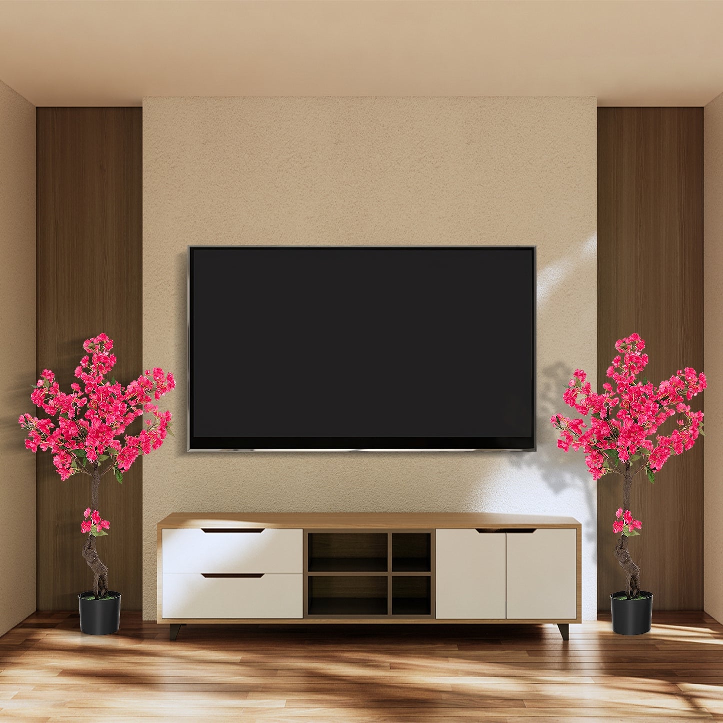 2 Pack 41 Inch Artificial Plum Blossom Tree Fake Floral Plant with 92 Flowers-Red Kids Crystal