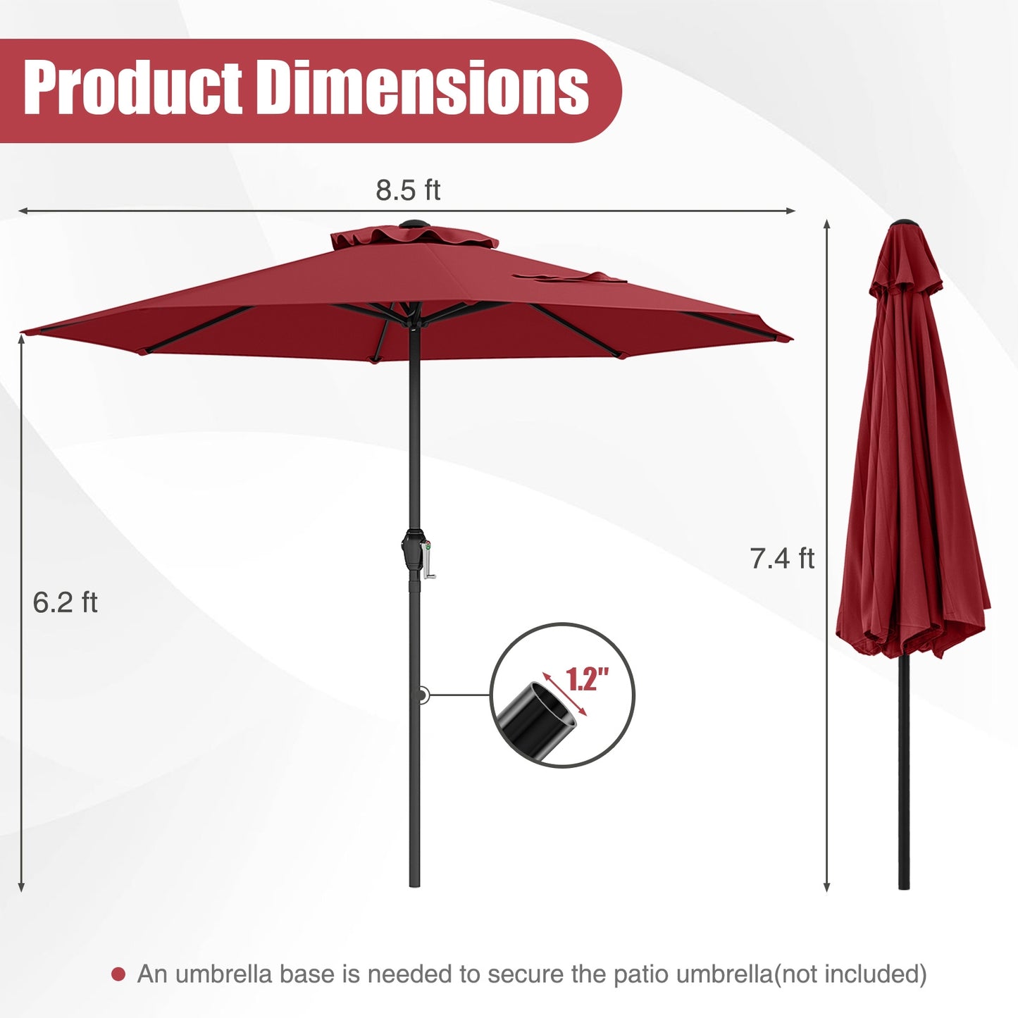 Outdoor Heavy Duty Market Umbrella with Crank Handle and 8 Sturdy Ribs-Red Kids Crystal