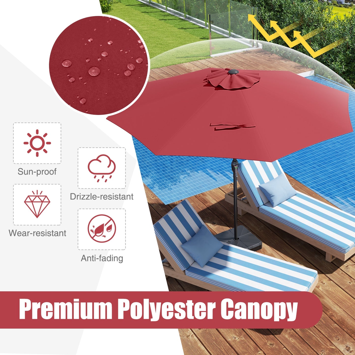Outdoor Heavy Duty Market Umbrella with Crank Handle and 8 Sturdy Ribs-Red Kids Crystal