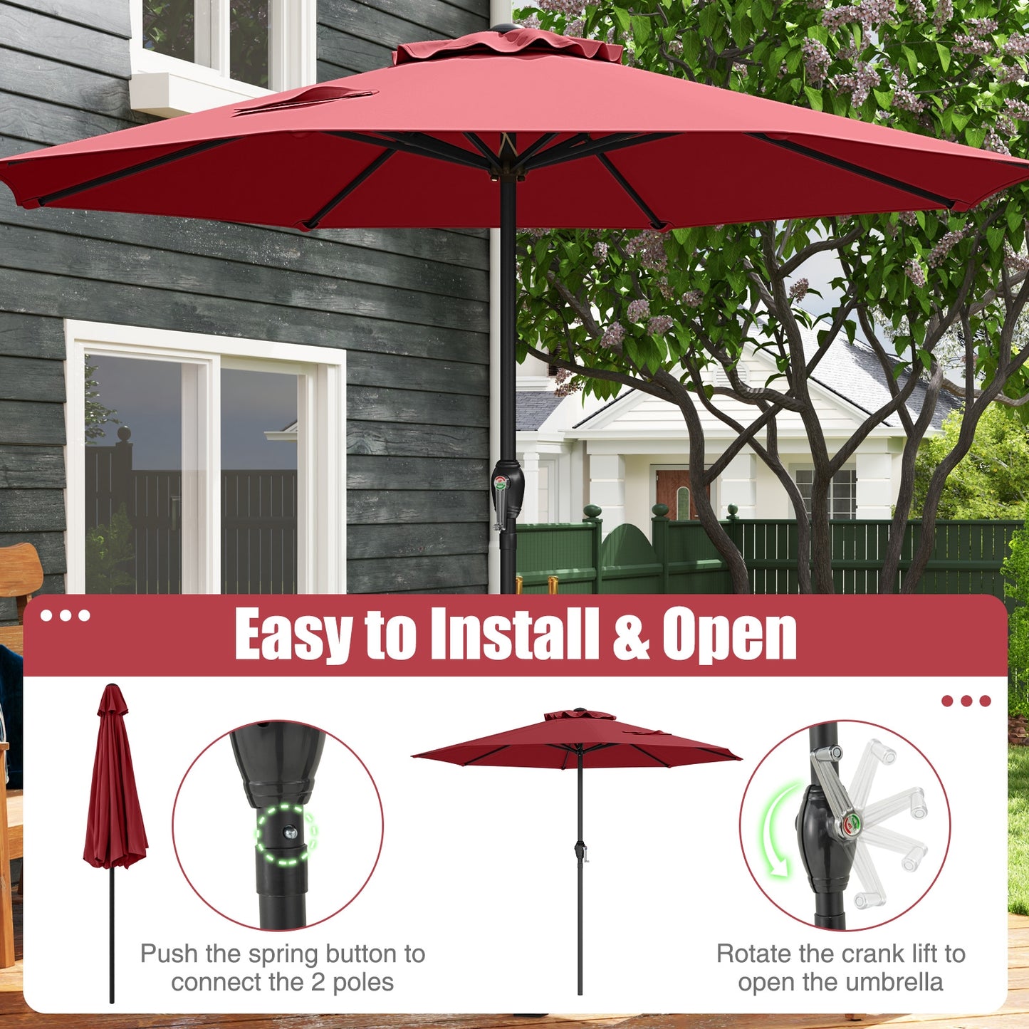 Outdoor Heavy Duty Market Umbrella with Crank Handle and 8 Sturdy Ribs-Red Kids Crystal