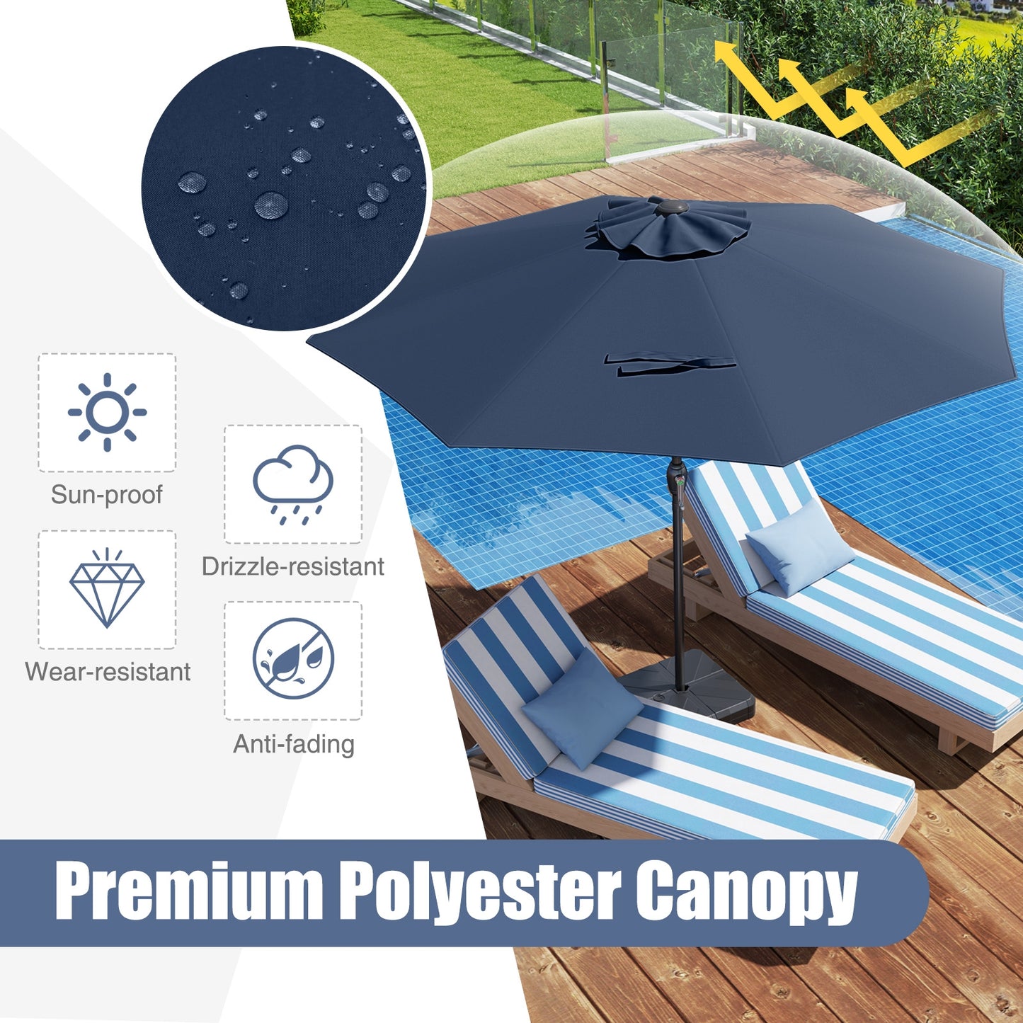 Outdoor Heavy Duty Market Umbrella with Crank Handle and 8 Sturdy Ribs-Navy Kids Crystal