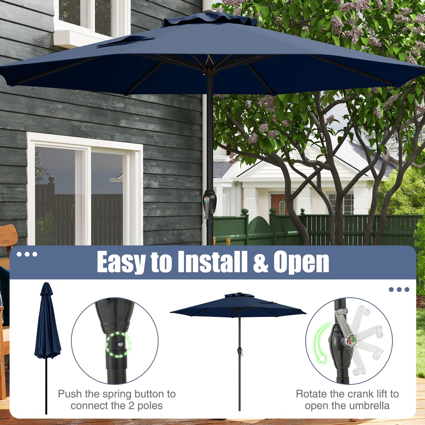 Outdoor Heavy Duty Market Umbrella with Crank Handle and 8 Sturdy Ribs-Navy Kids Crystal