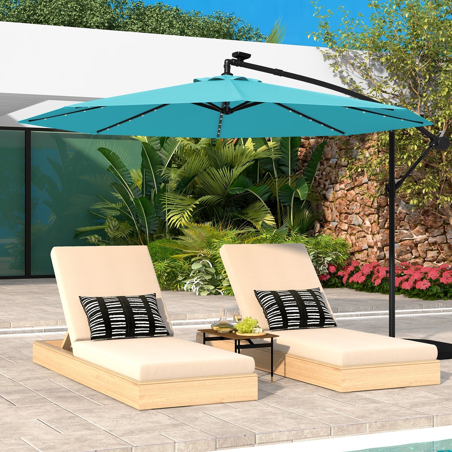 10 Feet Solar LED Offset Umbrella with 40 Lights and Cross Base for Patio-Turquoise Kids Crystal