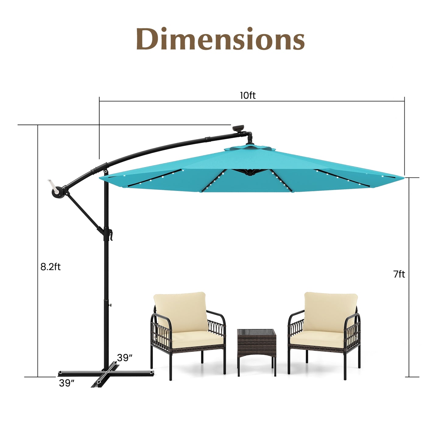 10 Feet Solar LED Offset Umbrella with 40 Lights and Cross Base for Patio-Turquoise Kids Crystal