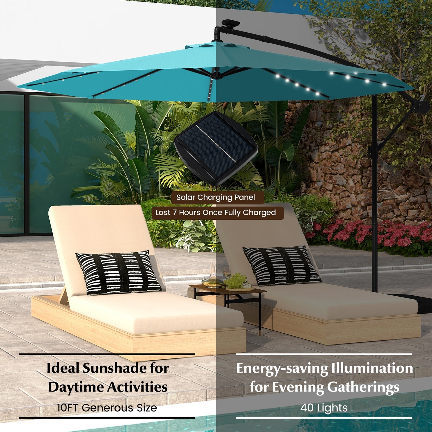10 Feet Solar LED Offset Umbrella with 40 Lights and Cross Base for Patio-Turquoise Kids Crystal