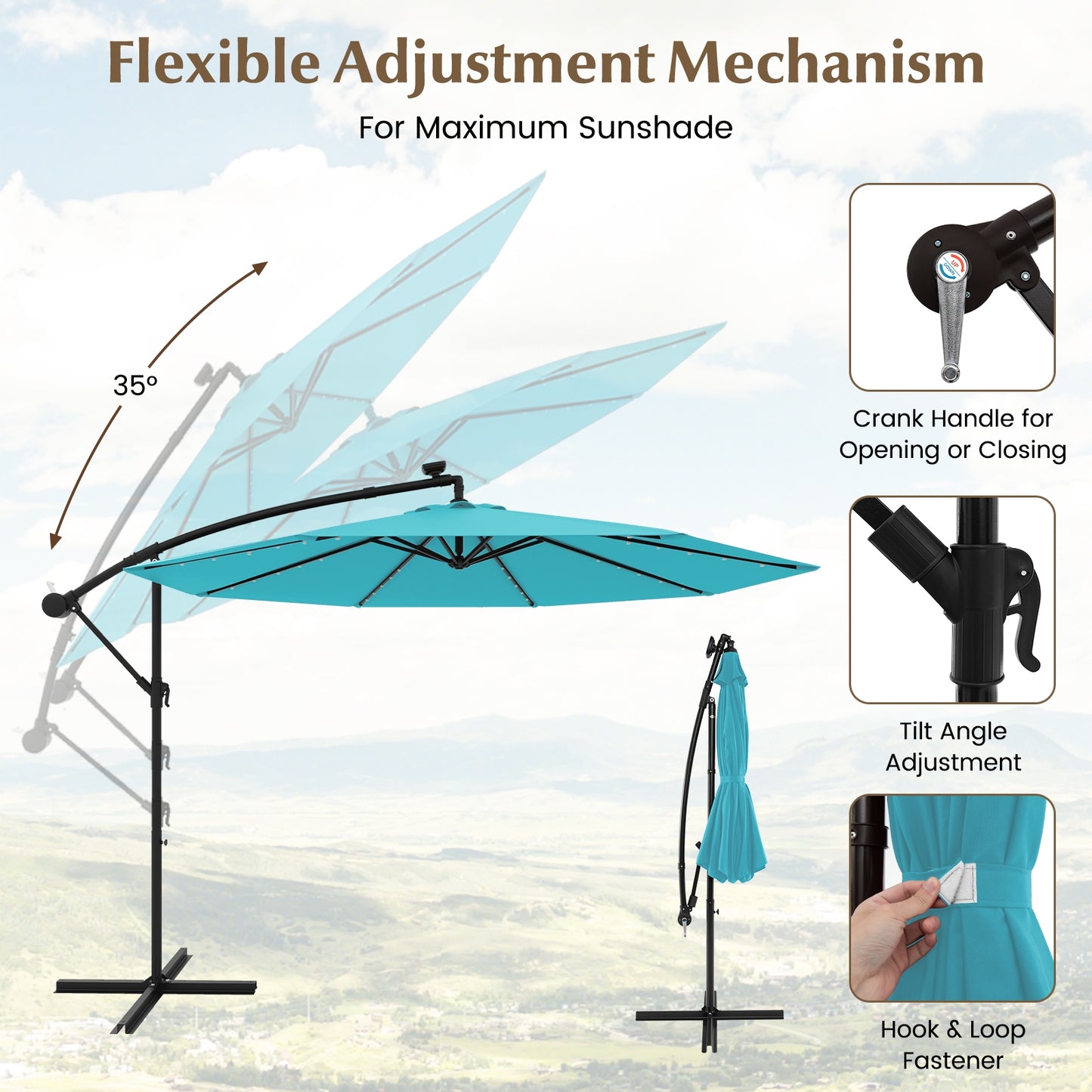 10 Feet Solar LED Offset Umbrella with 40 Lights and Cross Base for Patio-Turquoise Kids Crystal