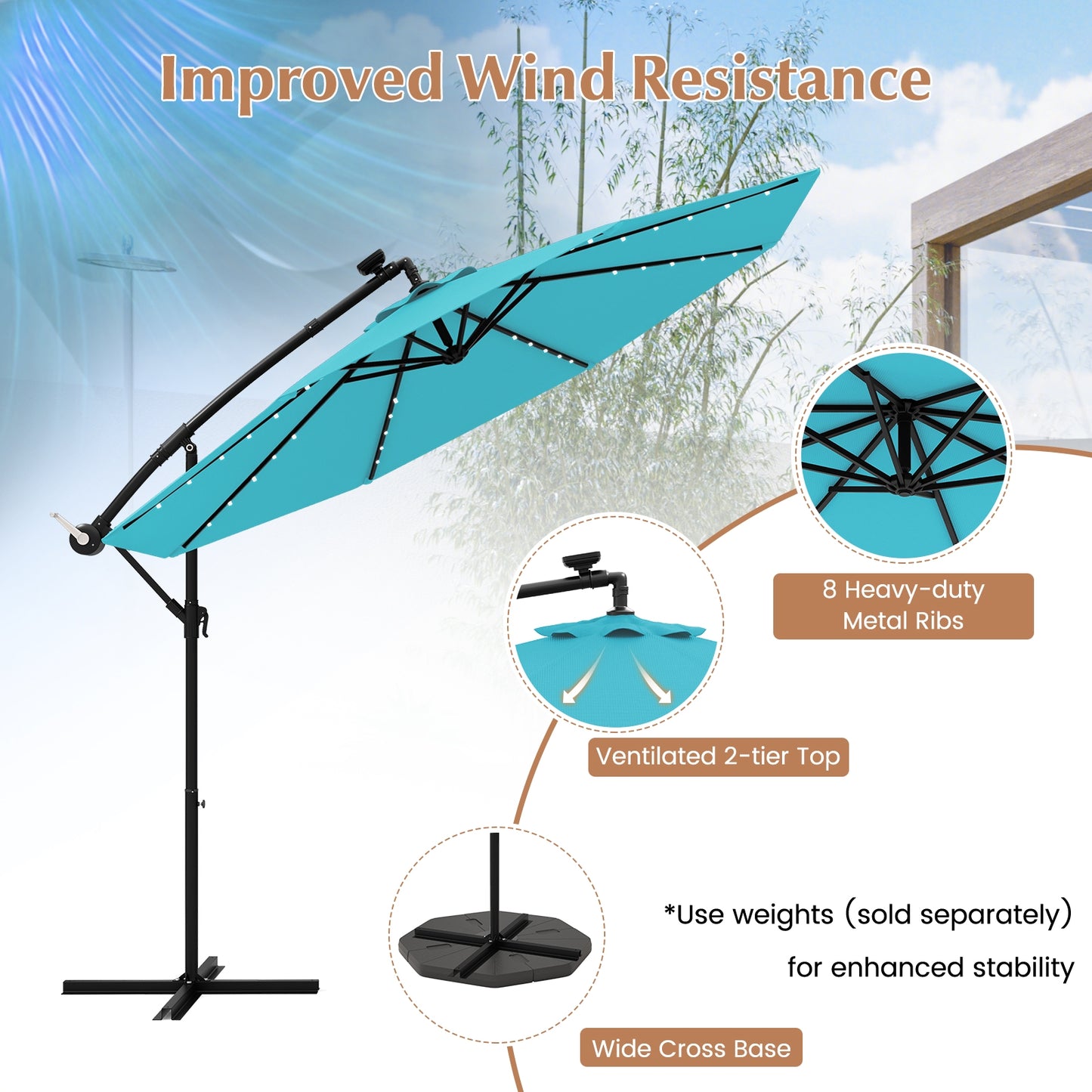 10 Feet Solar LED Offset Umbrella with 40 Lights and Cross Base for Patio-Turquoise Kids Crystal