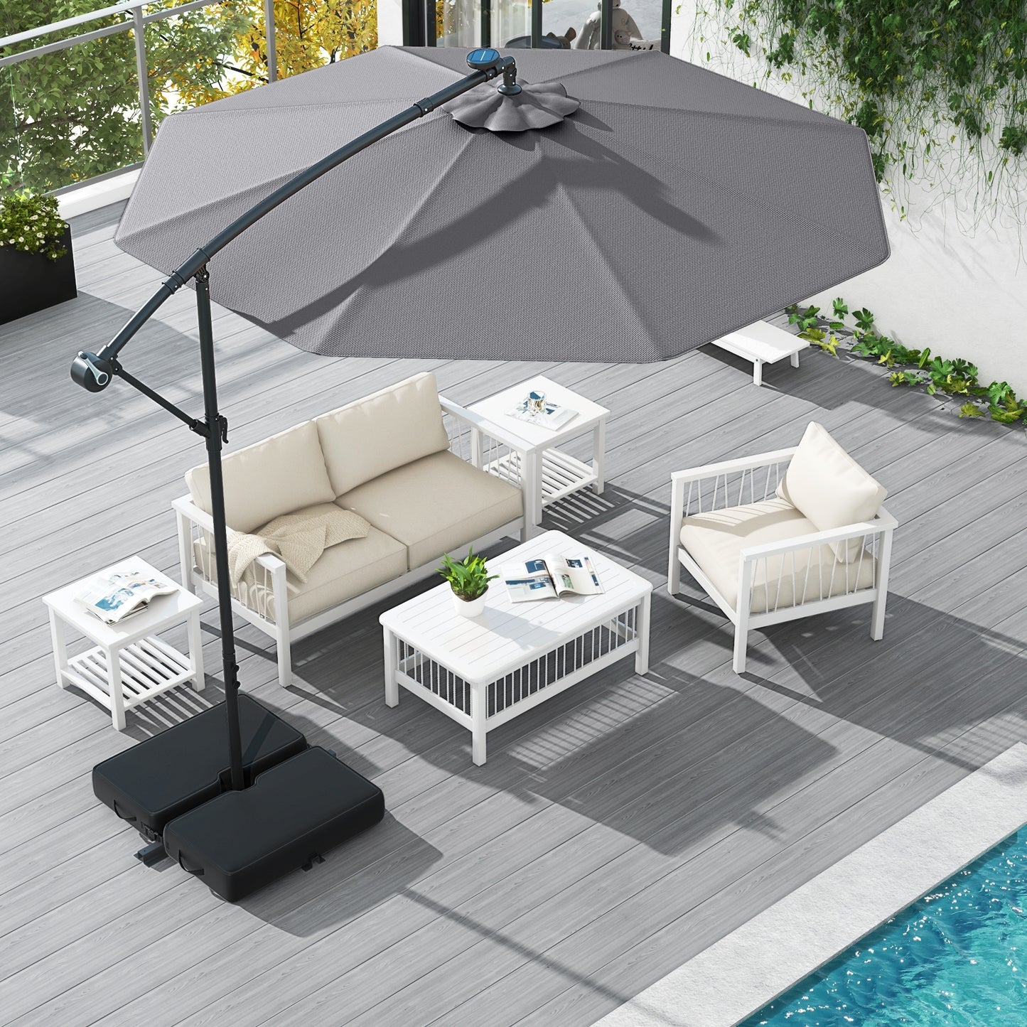 10 Ft Patio Umbrella Offset Cantilever Umbrella with 40 Solar Powered Lights-Gray Kids Crystal