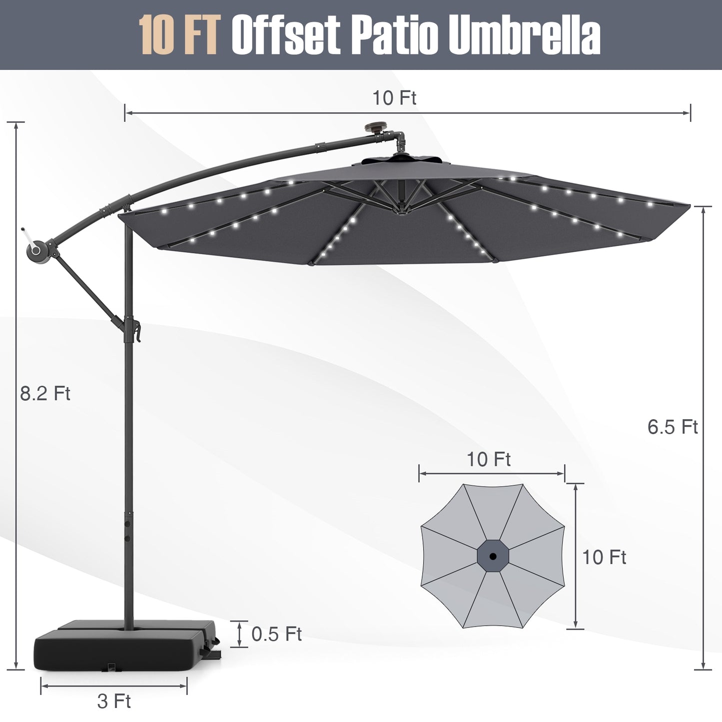 10 Ft Patio Umbrella Offset Cantilever Umbrella with 40 Solar Powered Lights-Gray Kids Crystal