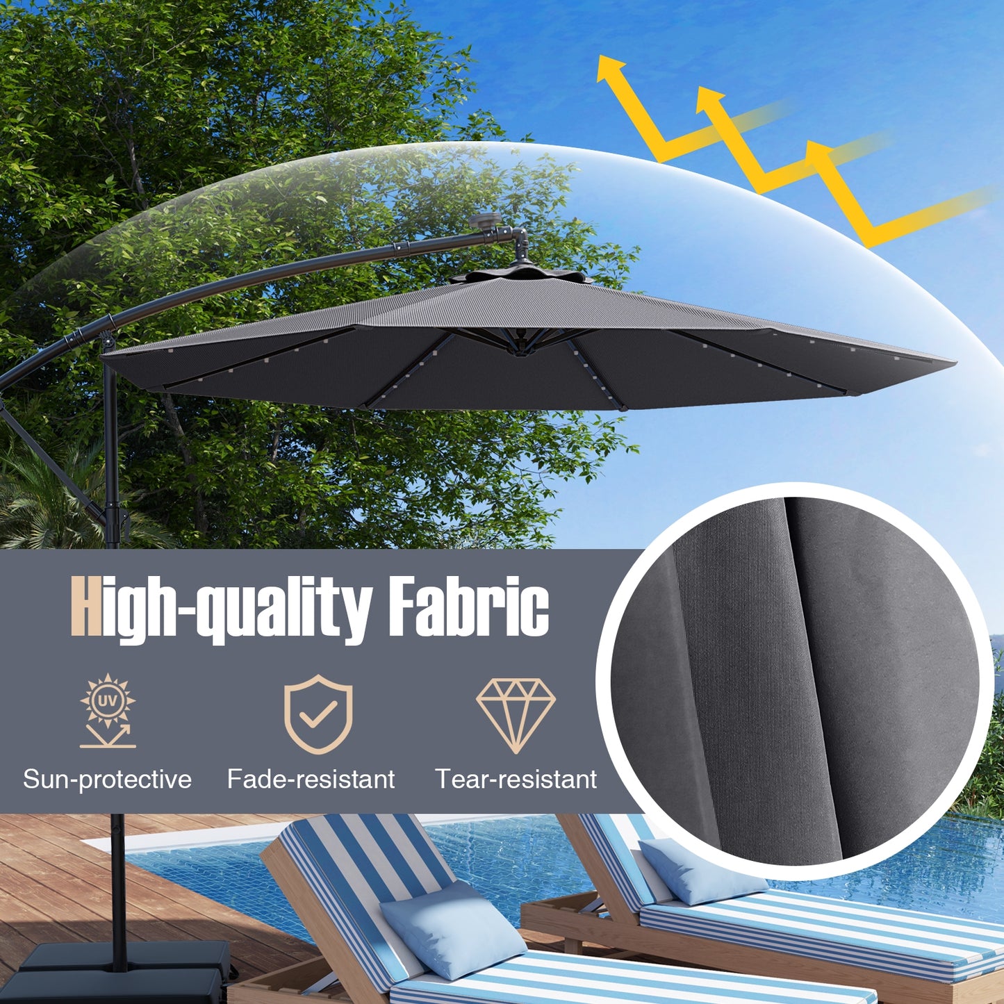 10 Ft Patio Umbrella Offset Cantilever Umbrella with 40 Solar Powered Lights-Gray Kids Crystal