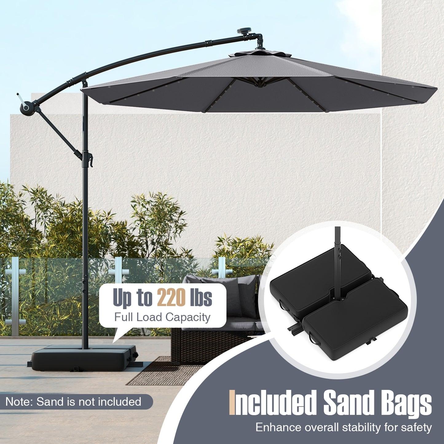 10 Ft Patio Umbrella Offset Cantilever Umbrella with 40 Solar Powered Lights-Gray Kids Crystal