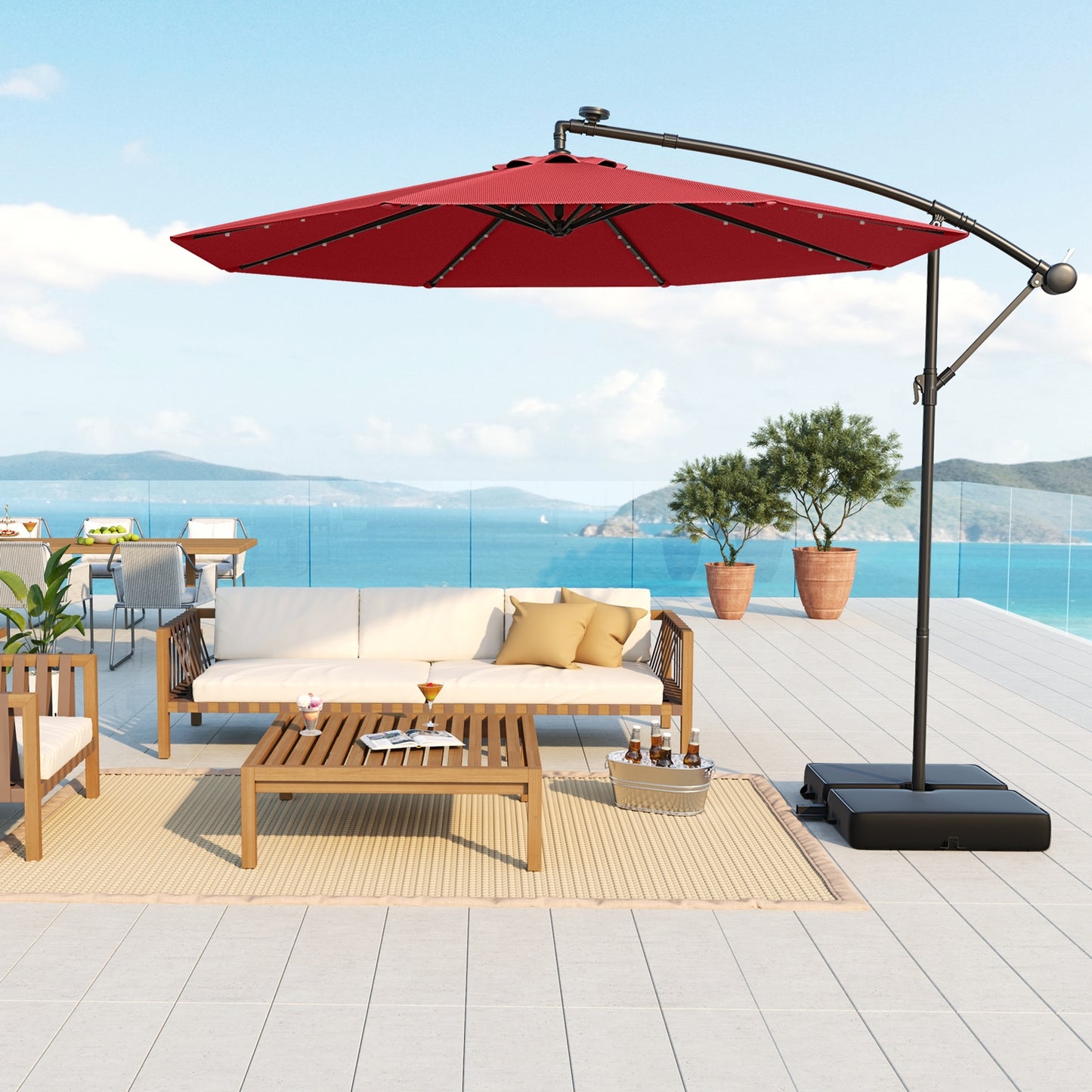 10 Ft Patio Umbrella Offset Cantilever Umbrella with 40 Solar Powered Lights-Red Kids Crystal