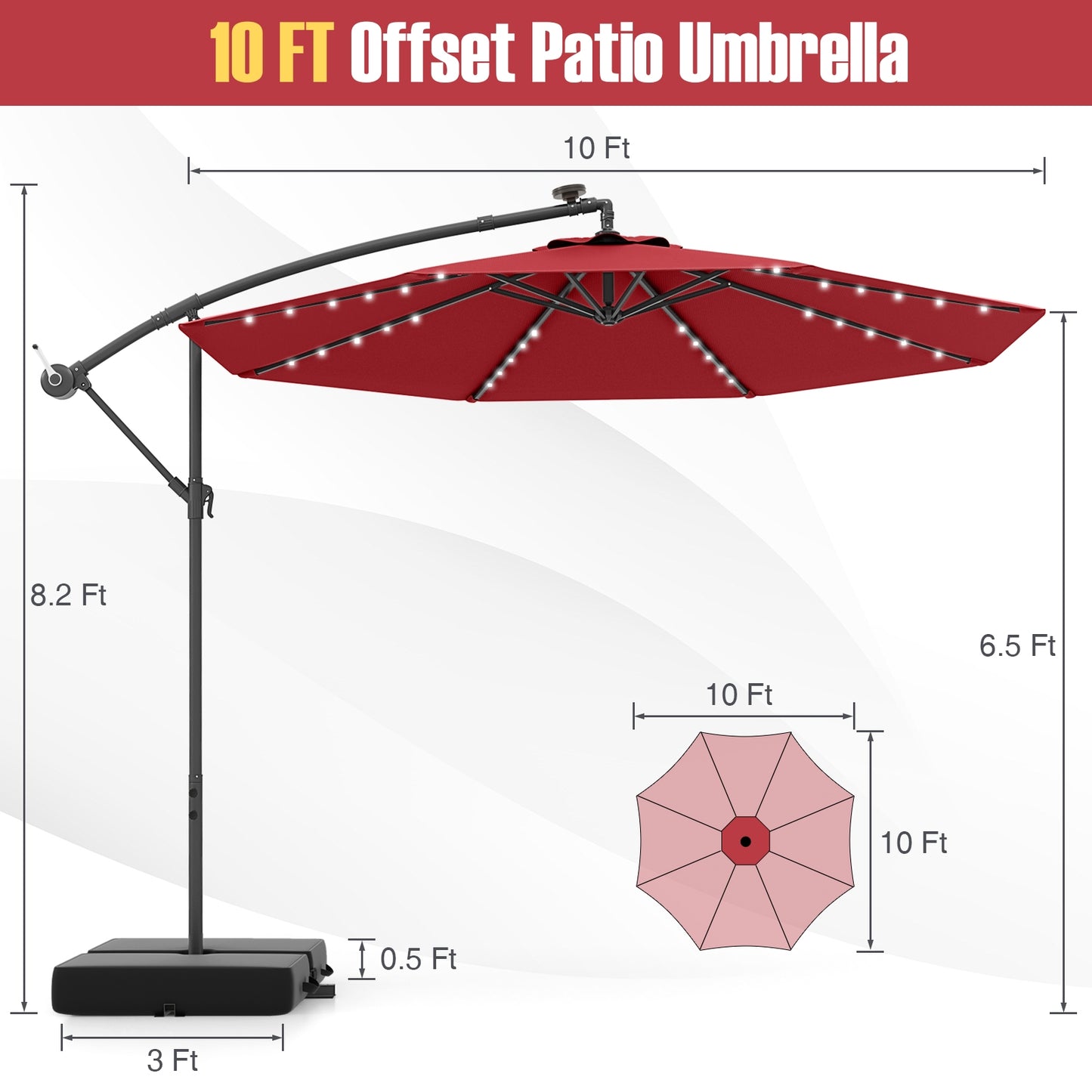 10 Ft Patio Umbrella Offset Cantilever Umbrella with 40 Solar Powered Lights-Red Kids Crystal