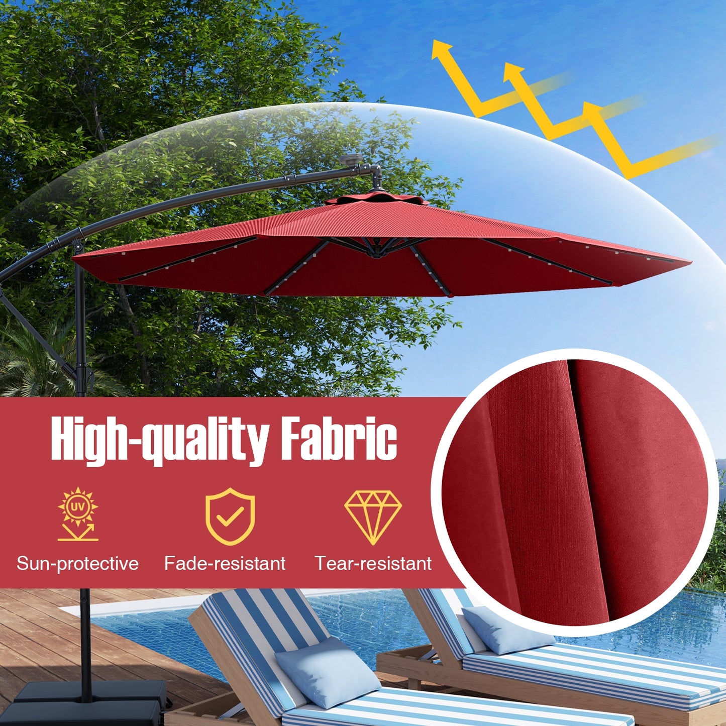 10 Ft Patio Umbrella Offset Cantilever Umbrella with 40 Solar Powered Lights-Red Kids Crystal