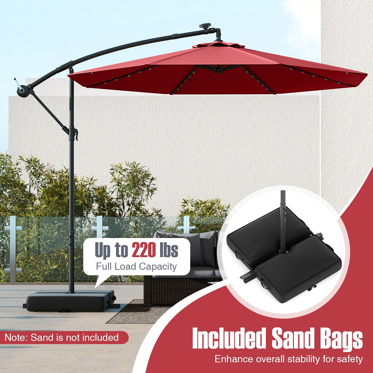 10 Ft Patio Umbrella Offset Cantilever Umbrella with 40 Solar Powered Lights-Red Kids Crystal