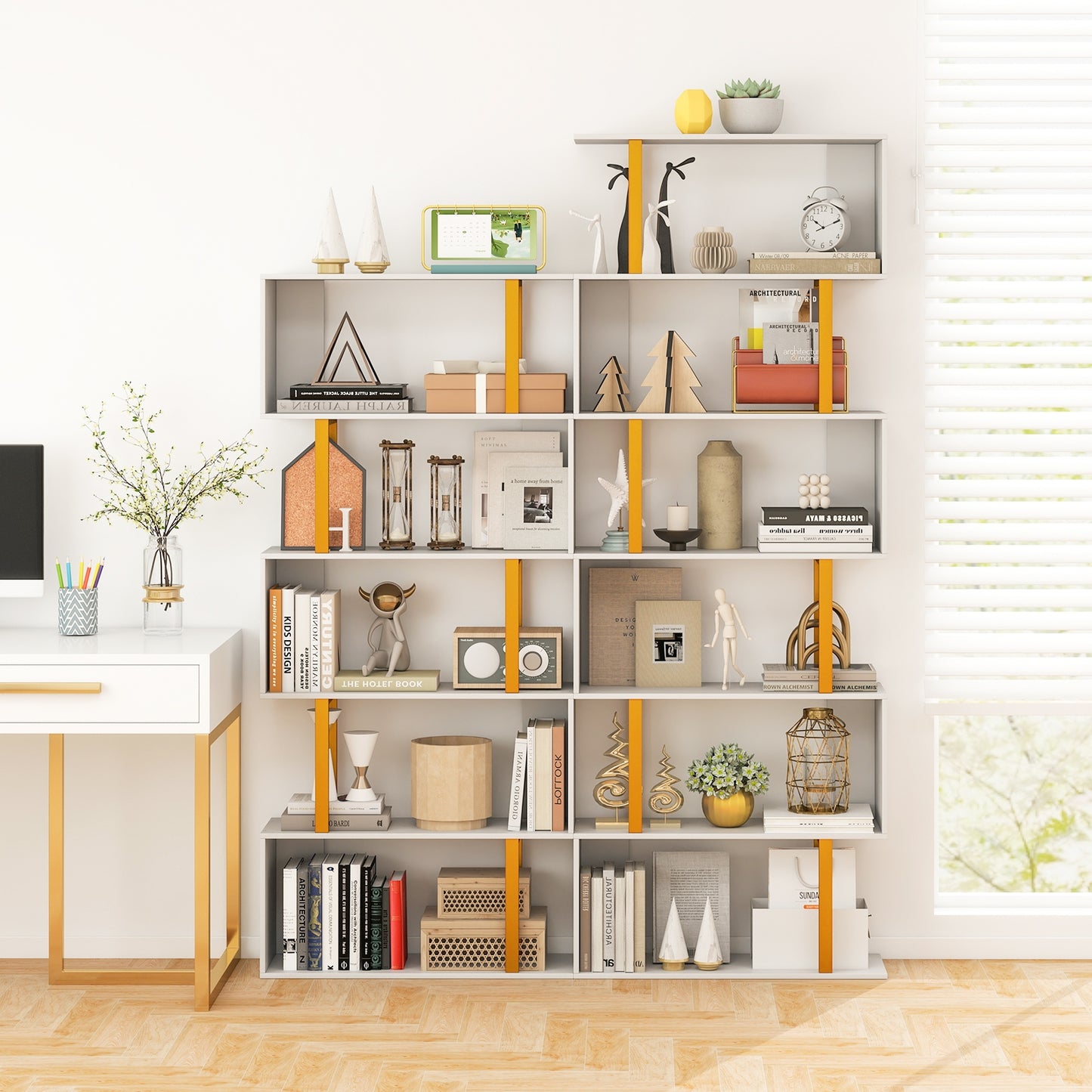 5-Tier/6-Tier Geometric Bookcase with Metal Frame and Anti-tipping Kits-5 Tier Kids Crystal