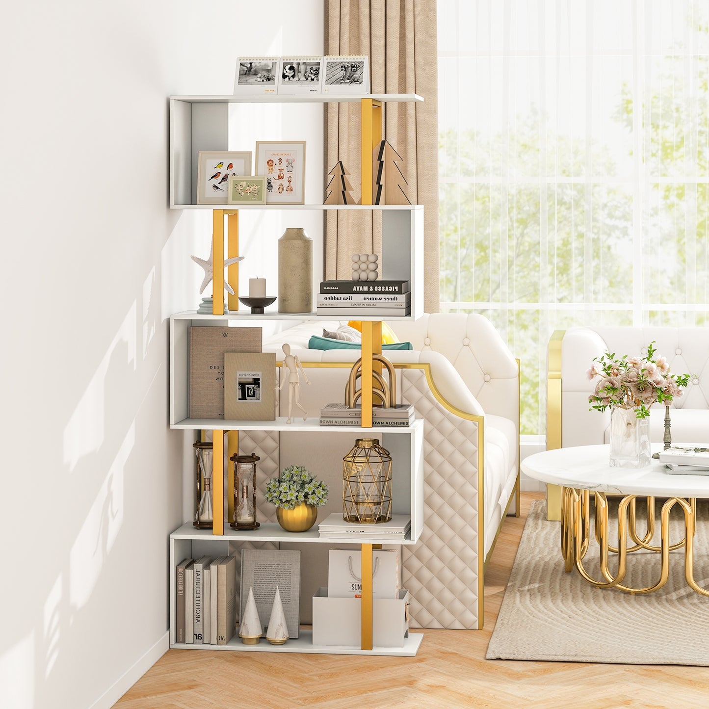 5-Tier/6-Tier Geometric Bookcase with Metal Frame and Anti-tipping Kits-5 Tier Kids Crystal