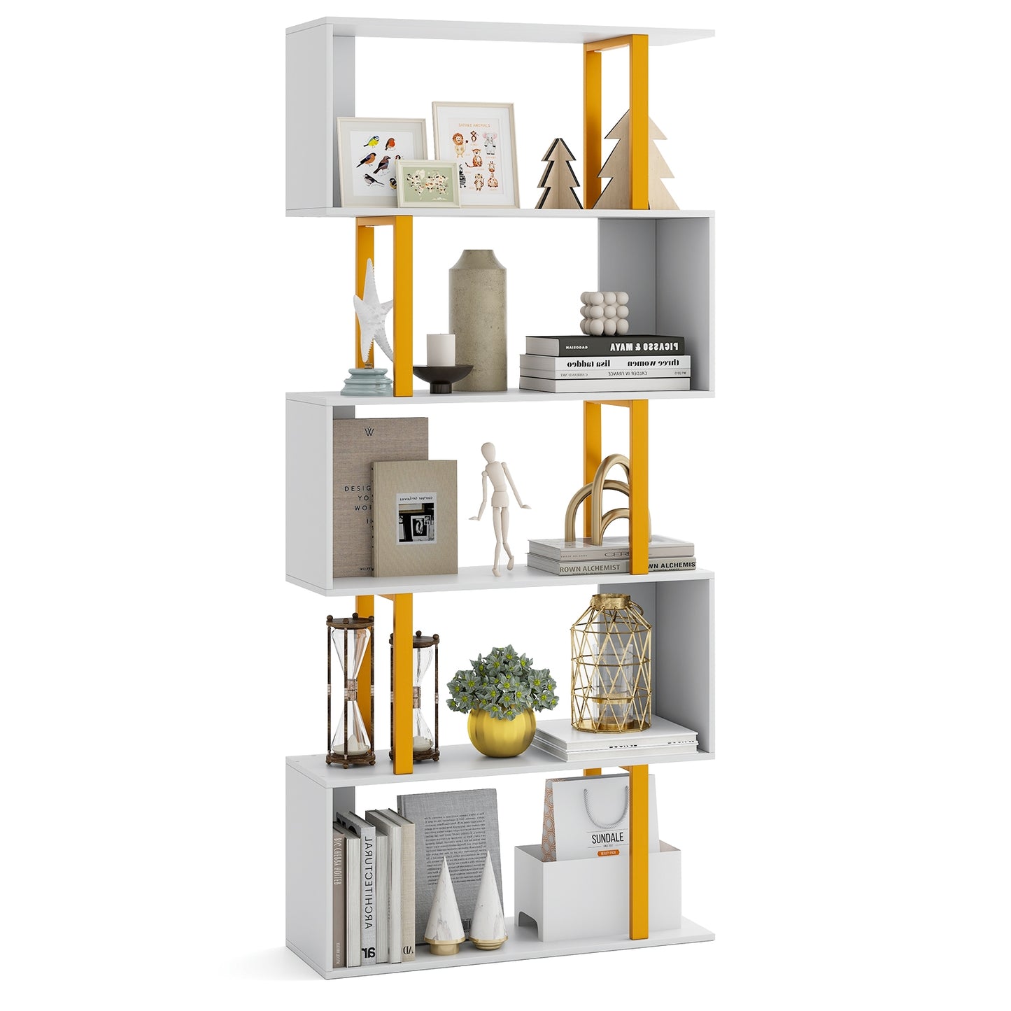 5-Tier/6-Tier Geometric Bookcase with Metal Frame and Anti-tipping Kits-5 Tier Kids Crystal