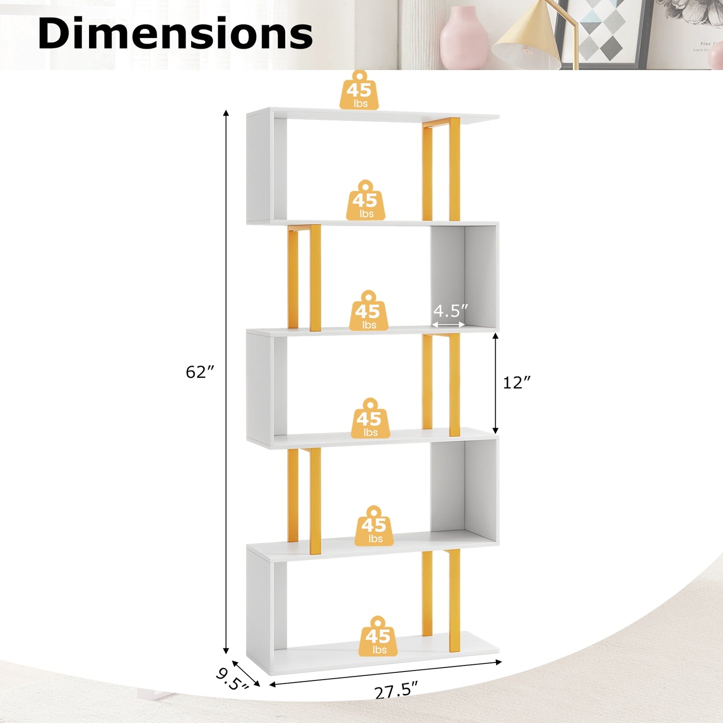 5-Tier/6-Tier Geometric Bookcase with Metal Frame and Anti-tipping Kits-5 Tier Kids Crystal