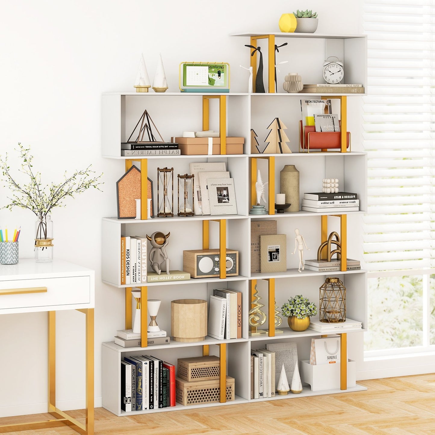 5-Tier/6-Tier Geometric Bookcase with Metal Frame and Anti-tipping Kits-6-Tier Kids Crystal