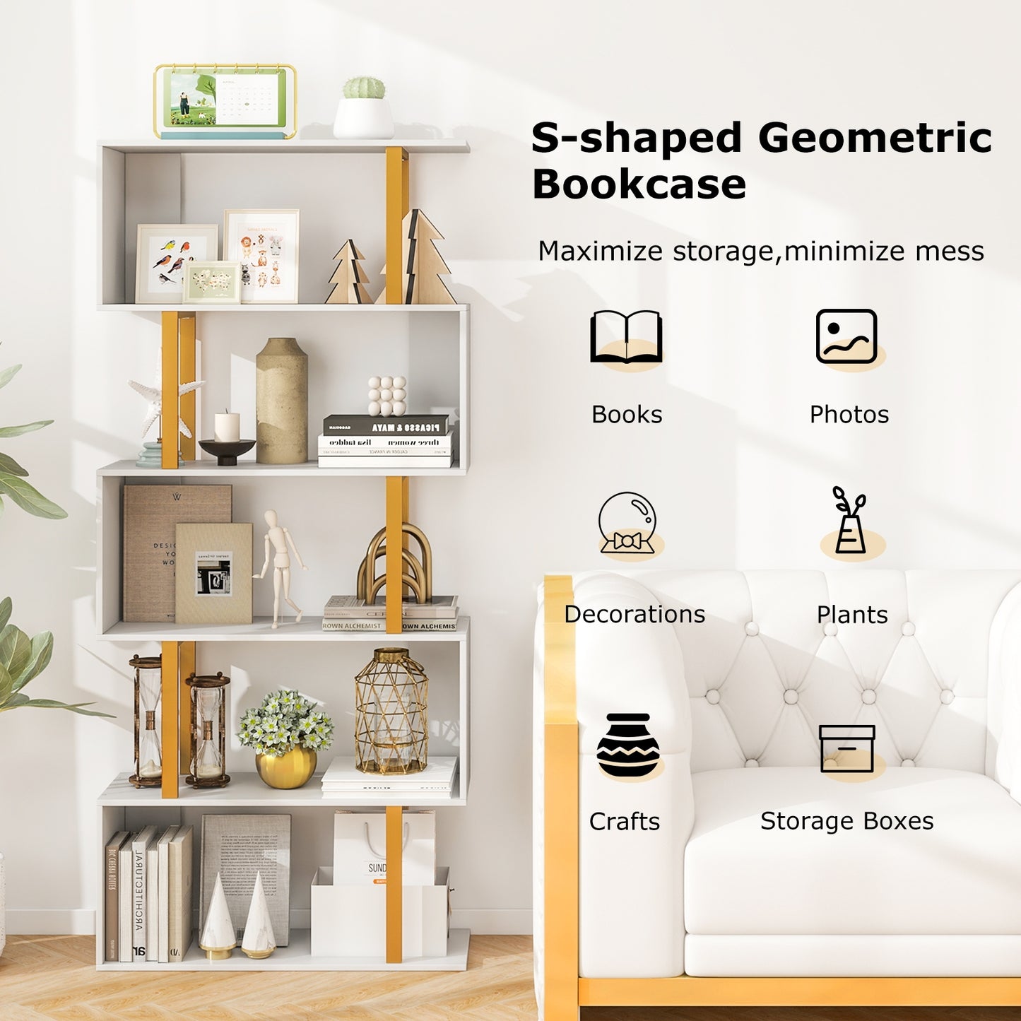 5-Tier/6-Tier Geometric Bookcase with Metal Frame and Anti-tipping Kits-5 Tier Kids Crystal