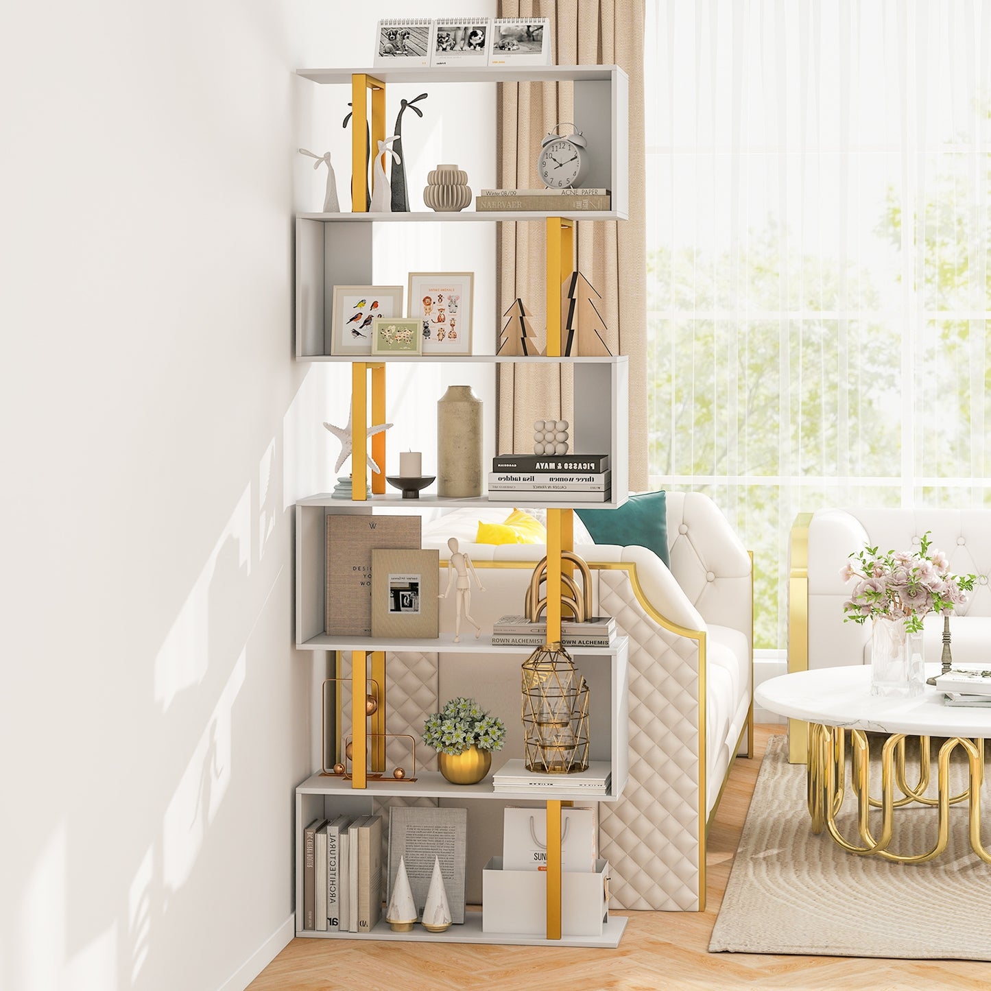 5-Tier/6-Tier Geometric Bookcase with Metal Frame and Anti-tipping Kits-6-Tier Kids Crystal