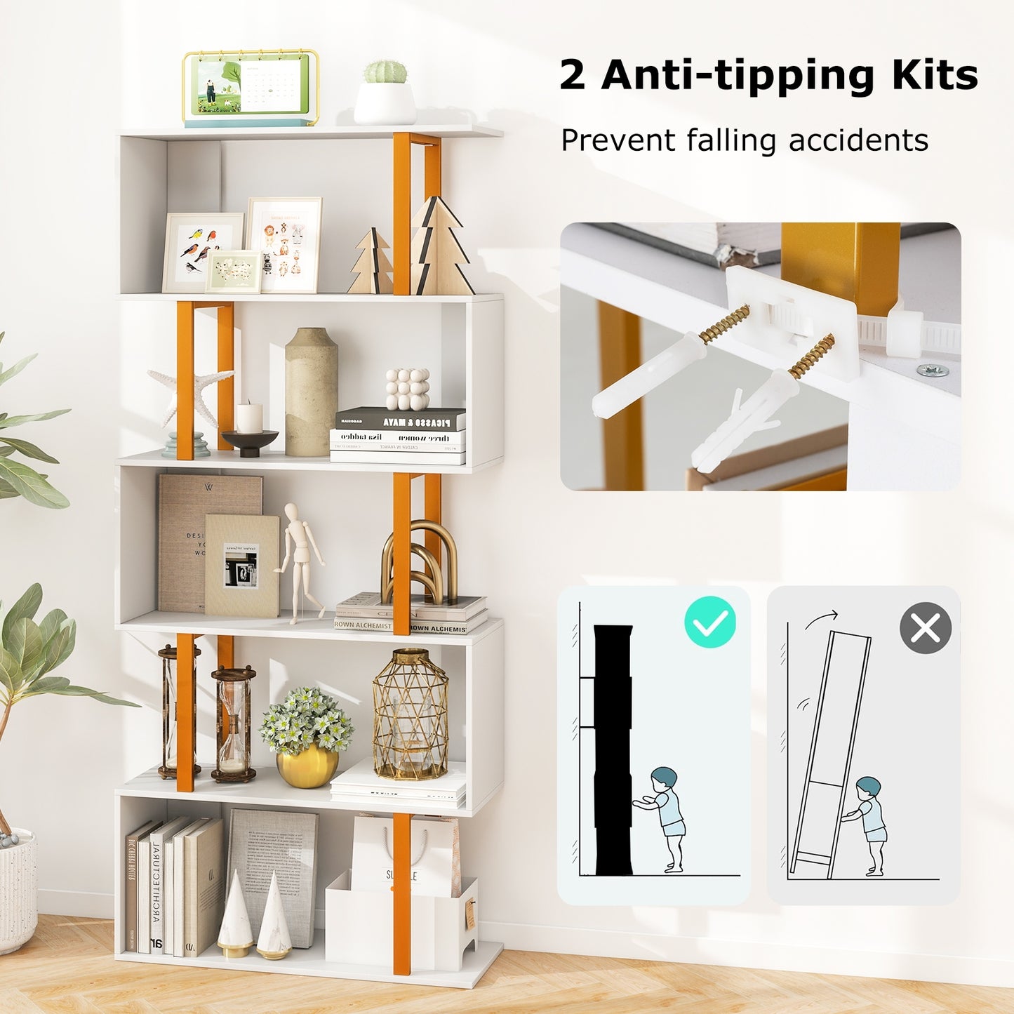 5-Tier/6-Tier Geometric Bookcase with Metal Frame and Anti-tipping Kits-5 Tier Kids Crystal