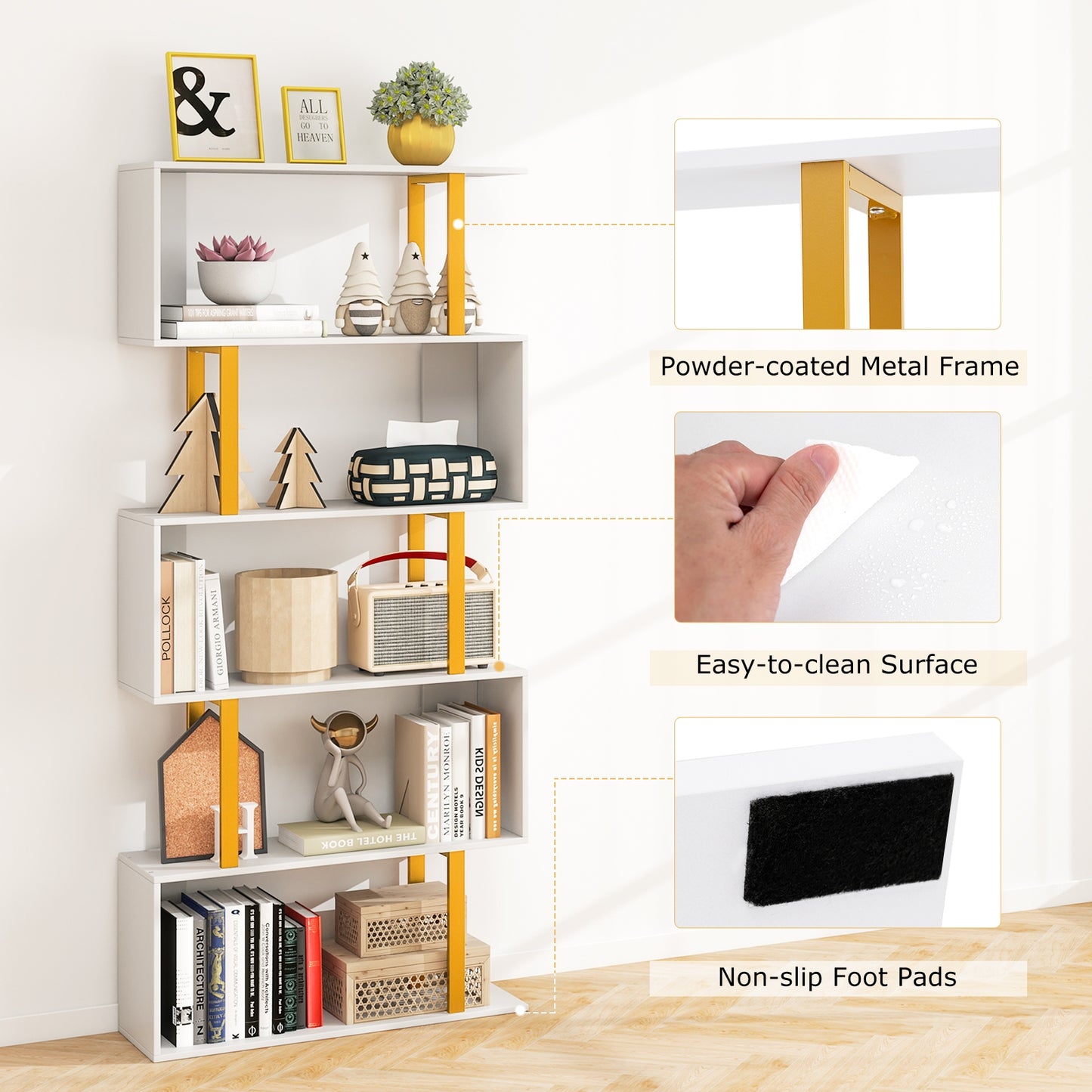 5-Tier/6-Tier Geometric Bookcase with Metal Frame and Anti-tipping Kits-5 Tier Kids Crystal
