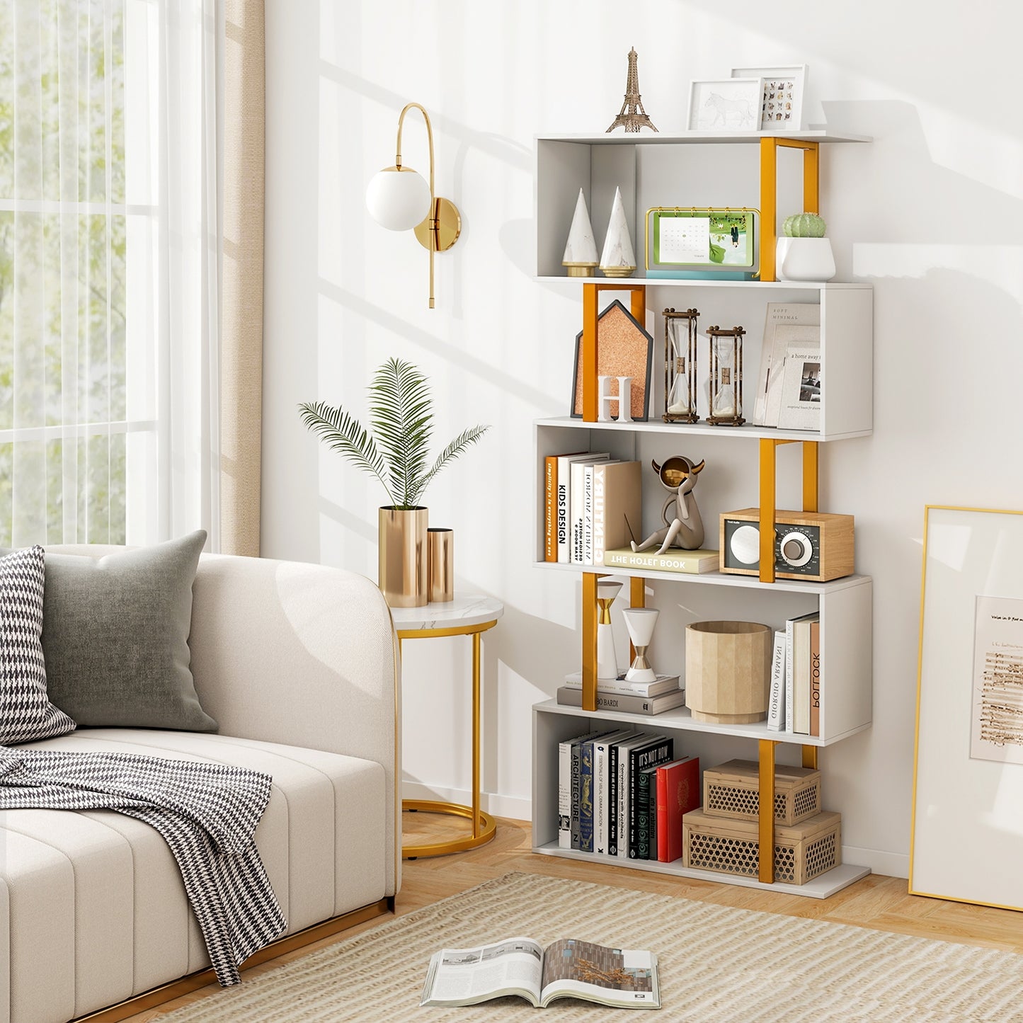 5-Tier/6-Tier Geometric Bookcase with Metal Frame and Anti-tipping Kits-5 Tier Kids Crystal
