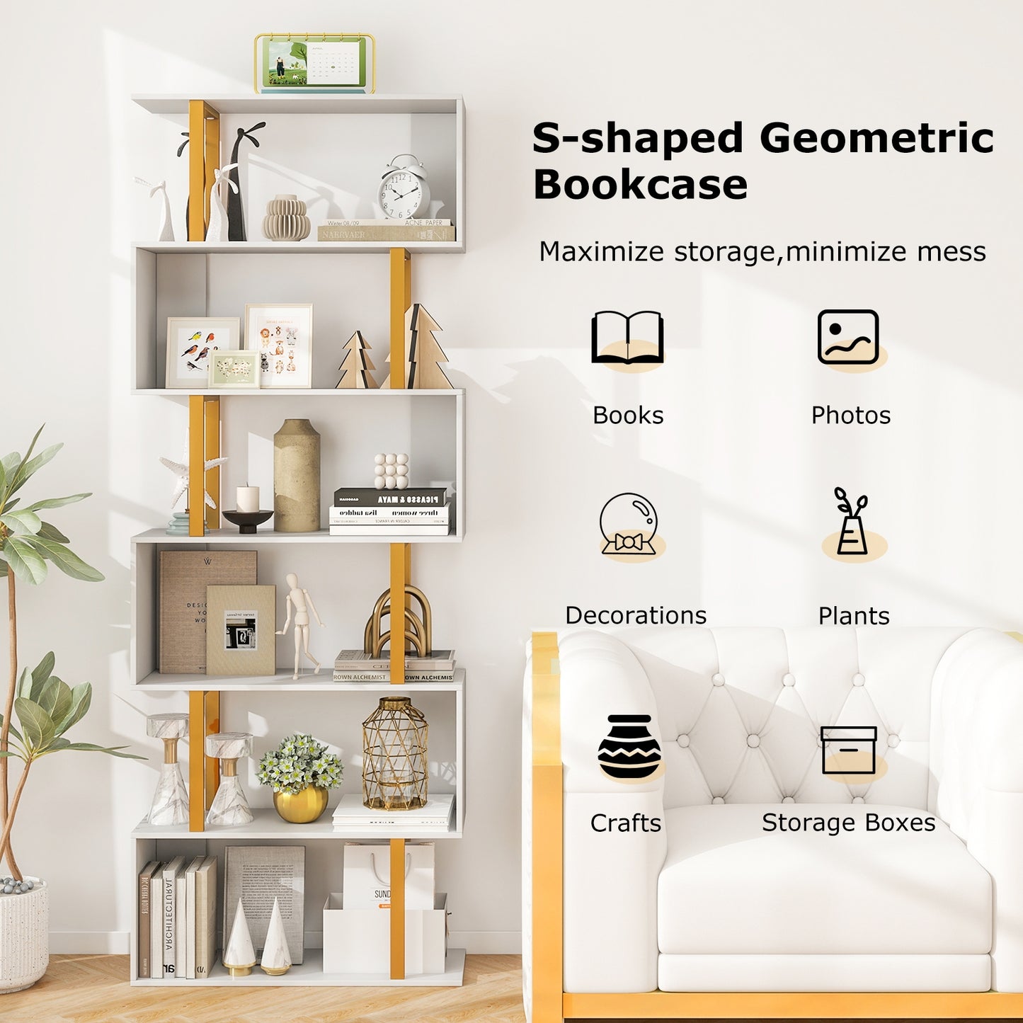 5-Tier/6-Tier Geometric Bookcase with Metal Frame and Anti-tipping Kits-6-Tier Kids Crystal