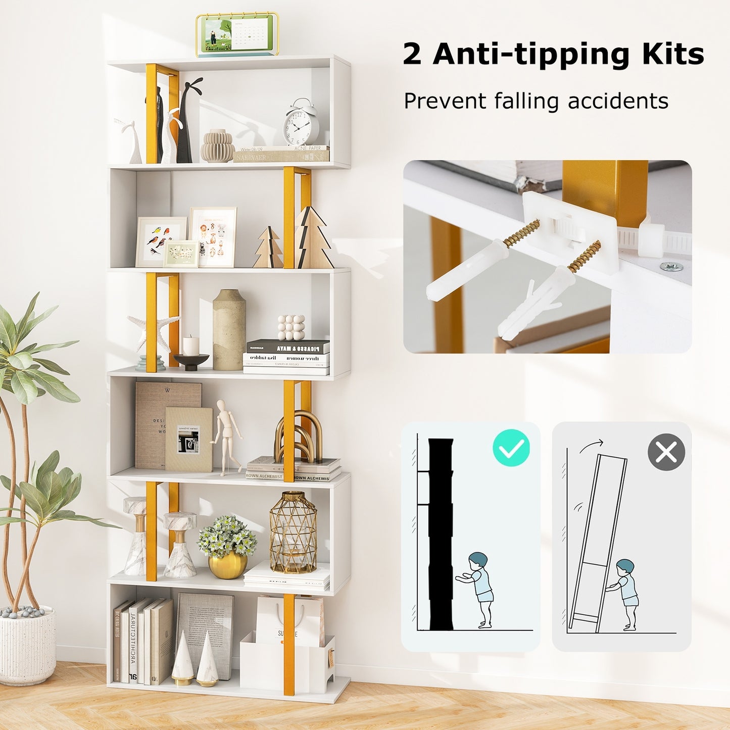 5-Tier/6-Tier Geometric Bookcase with Metal Frame and Anti-tipping Kits-6-Tier Kids Crystal