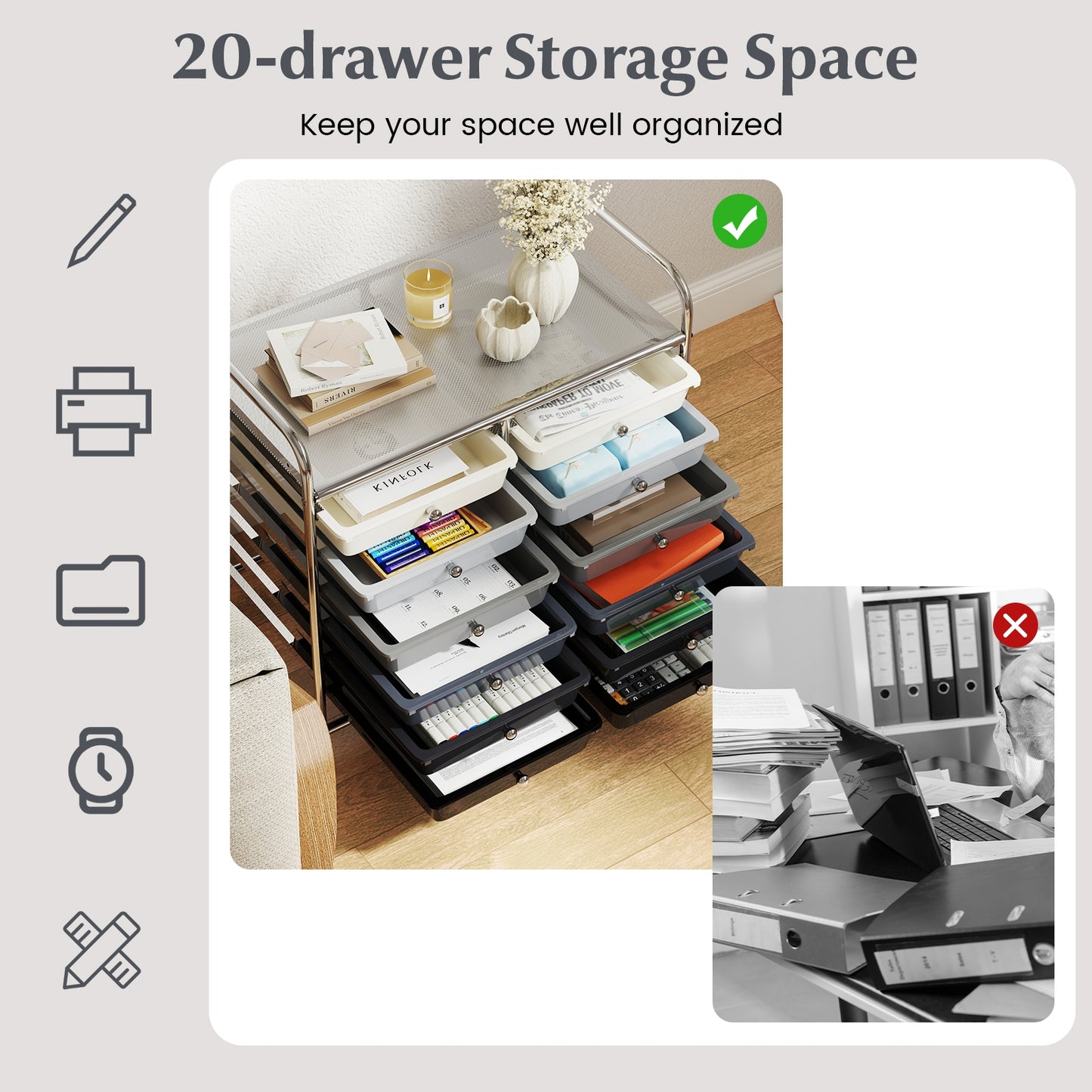 12 Drawers Rolling Storage Cart for Home and Office-Gradient Grey Kids Crystal